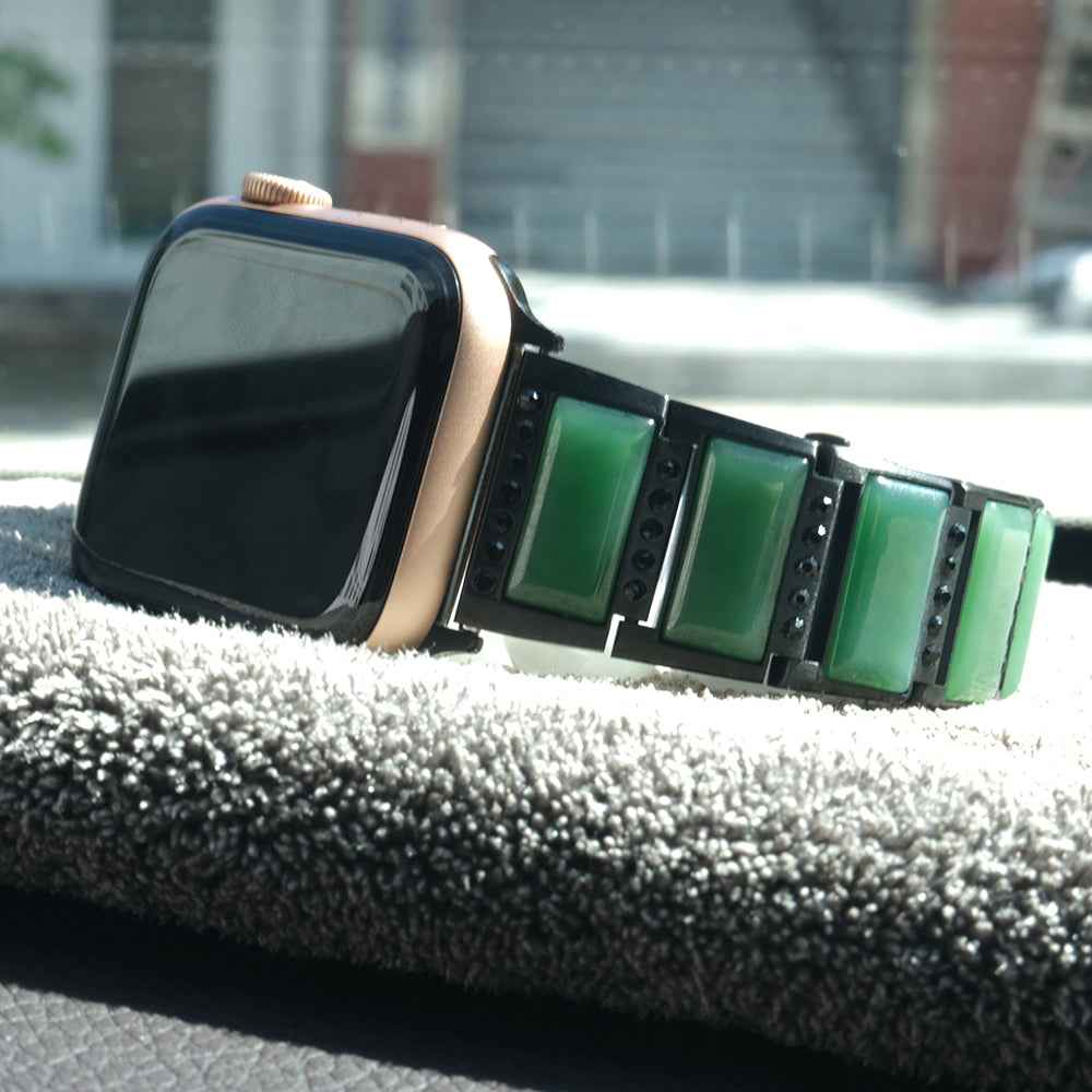 Rhinestone Synthetic Jade Decor Stainless Steel Smart Watch Strap Band Replacement for Apple Watch Ultra 49mm / Series 8 45mm / 7 45mm / Watch Series 6 / SE 44mm / SE (2022) 44mm / 5 / 4 44mm / Watch Series 3 / 2 / 1 42mm - Black / Green