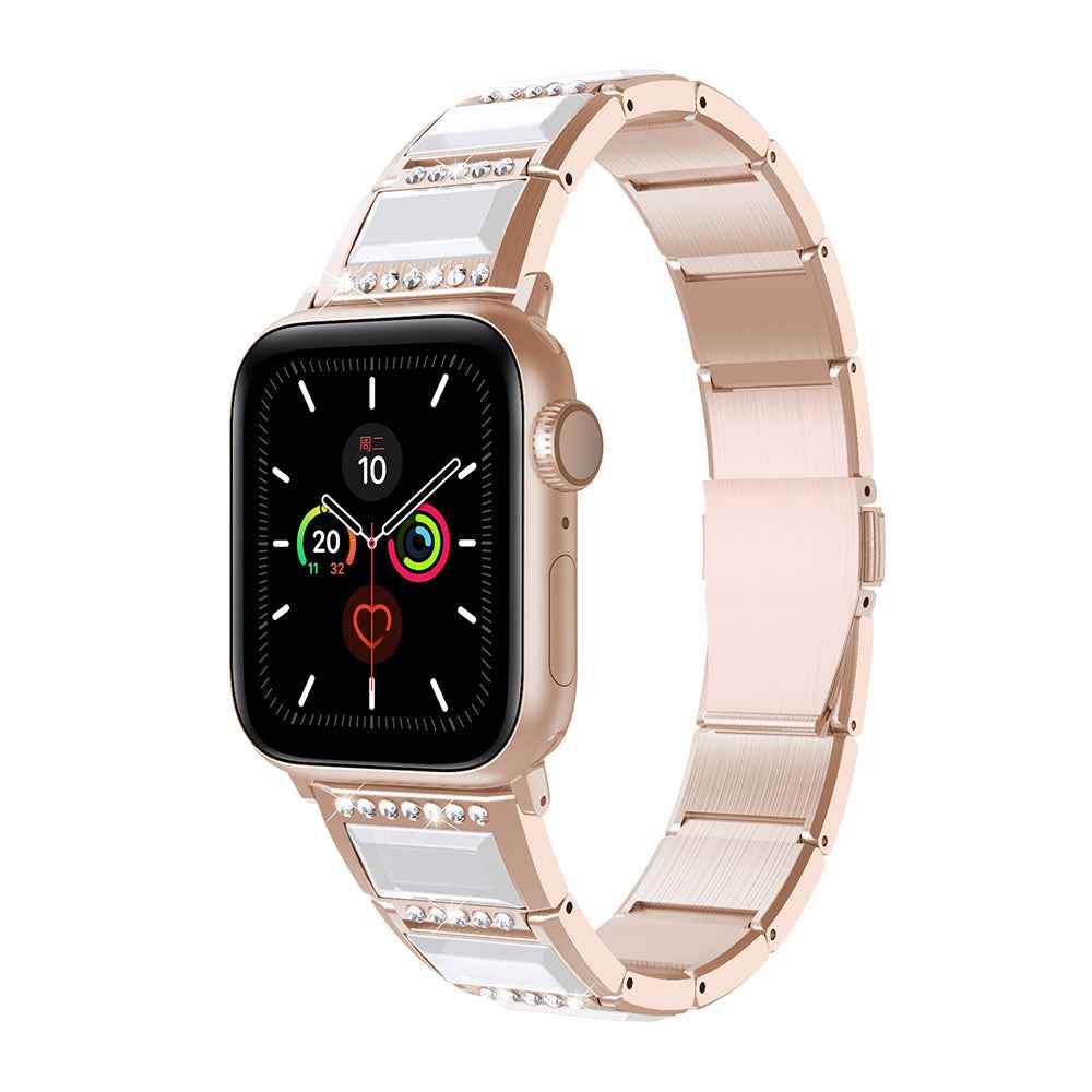 Rhinestone Synthetic Jade Decor Stainless Steel Smart Watch Strap Band Replacement for Apple Watch Ultra 49mm / Series 8 45mm / 7 45mm / Watch Series 6 / SE 44mm / SE (2022) 44mm / 5 / 4 44mm / Watch Series 3 / 2 / 1 42mm - Gold / White