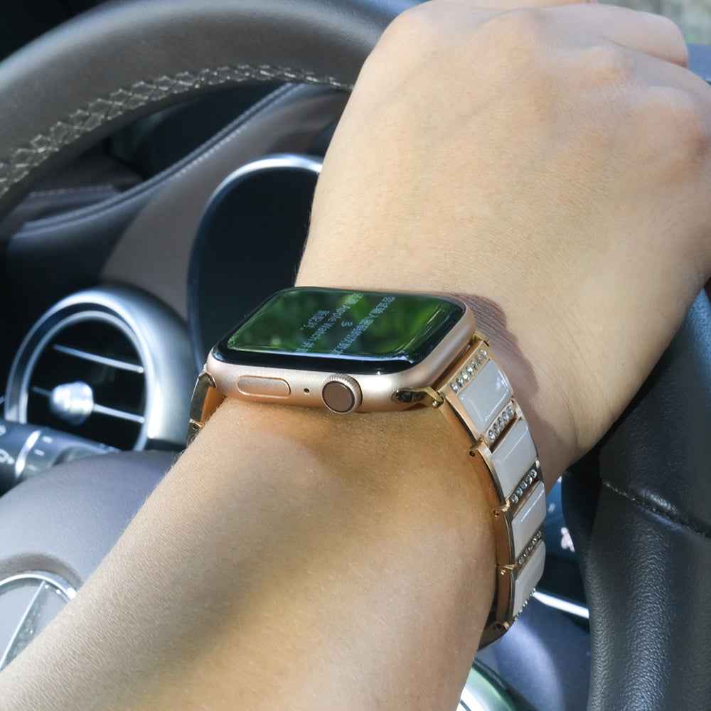 Rhinestone Synthetic Jade Decor Stainless Steel Smart Watch Strap Band Replacement for Apple Watch Ultra 49mm / Series 8 45mm / 7 45mm / Watch Series 6 / SE 44mm / SE (2022) 44mm / 5 / 4 44mm / Watch Series 3 / 2 / 1 42mm - Gold / White