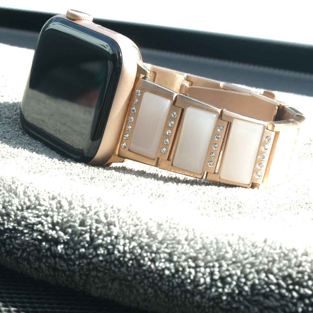 Rhinestone Synthetic Jade Decor Stainless Steel Smart Watch Strap Band Replacement for Apple Watch Ultra 49mm / Series 8 45mm / 7 45mm / Watch Series 6 / SE 44mm / SE (2022) 44mm / 5 / 4 44mm / Watch Series 3 / 2 / 1 42mm - Gold / White