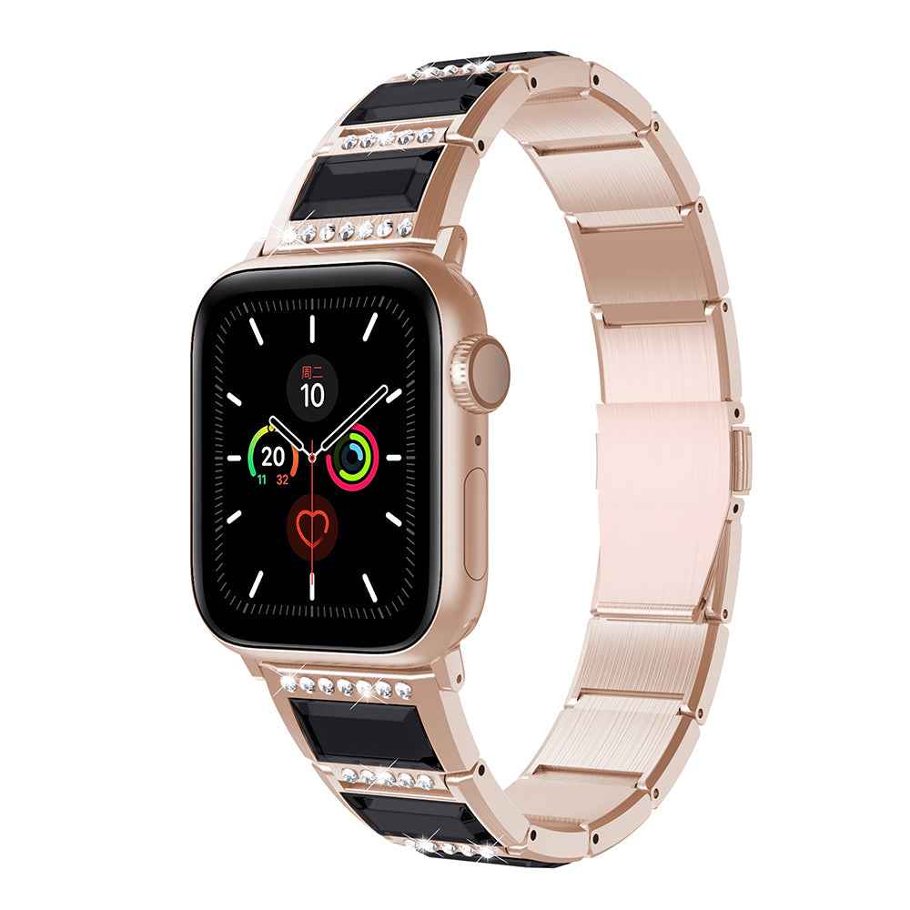 Rhinestone Synthetic Jade Decor Stainless Steel Smart Watch Strap Band Replacement for Apple Watch Ultra 49mm / Series 8 45mm / 7 45mm / Watch Series 6 / SE 44mm / SE (2022) 44mm / 5 / 4 44mm / Watch Series 3 / 2 / 1 42mm - Gold / Black