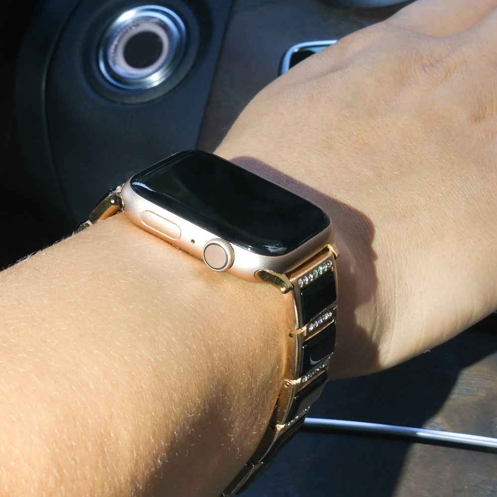 Rhinestone Synthetic Jade Decor Stainless Steel Smart Watch Strap Band Replacement for Apple Watch Ultra 49mm / Series 8 45mm / 7 45mm / Watch Series 6 / SE 44mm / SE (2022) 44mm / 5 / 4 44mm / Watch Series 3 / 2 / 1 42mm - Gold / Black