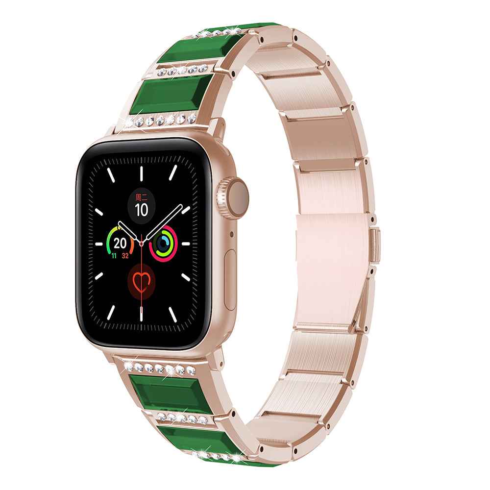 Rhinestone Synthetic Jade Decor Stainless Steel Smart Watch Strap Band Replacement for Apple Watch Ultra 49mm / Series 8 45mm / 7 45mm / Watch Series 6 / SE 44mm / SE (2022) 44mm / 5 / 4 44mm / Watch Series 3 / 2 / 1 42mm - Gold / Green