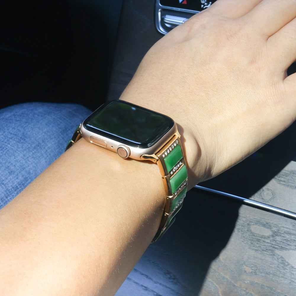Rhinestone Synthetic Jade Decor Stainless Steel Smart Watch Strap Band Replacement for Apple Watch Ultra 49mm / Series 8 45mm / 7 45mm / Watch Series 6 / SE 44mm / SE (2022) 44mm / 5 / 4 44mm / Watch Series 3 / 2 / 1 42mm - Gold / Green