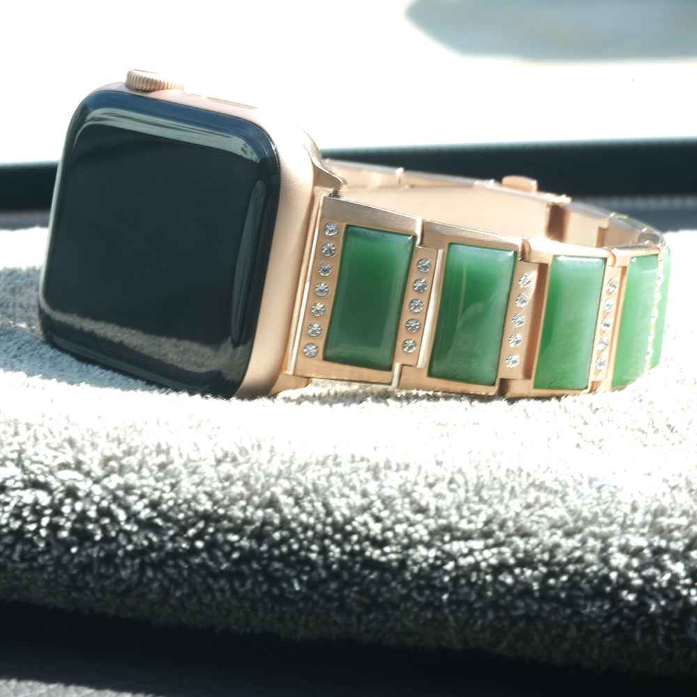 Rhinestone Synthetic Jade Decor Stainless Steel Smart Watch Strap Band Replacement for Apple Watch Ultra 49mm / Series 8 45mm / 7 45mm / Watch Series 6 / SE 44mm / SE (2022) 44mm / 5 / 4 44mm / Watch Series 3 / 2 / 1 42mm - Gold / Green