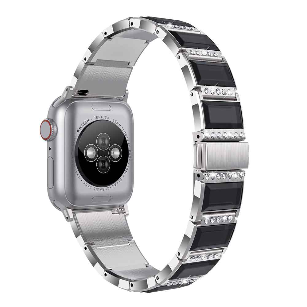 Rhinestone Synthetic Jade Decor Stainless Steel Smart Watch Strap Band Replacement for Apple Watch Ultra 49mm / Series 8 45mm / 7 45mm / Watch Series 6 / SE 44mm / SE (2022) 44mm / 5 / 4 44mm / Watch Series 3 / 2 / 1 42mm - Silver / Black
