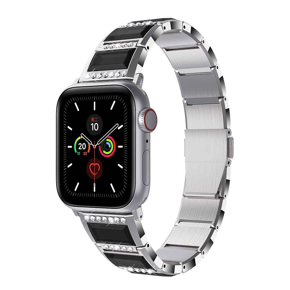 Rhinestone Synthetic Jade Decor Stainless Steel Smart Watch Strap Band Replacement for Apple Watch Ultra 49mm / Series 8 45mm / 7 45mm / Watch Series 6 / SE 44mm / SE (2022) 44mm / 5 / 4 44mm / Watch Series 3 / 2 / 1 42mm - Silver / Black