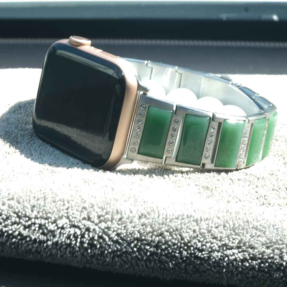 Rhinestone Synthetic Jade Decor Stainless Steel Smart Watch Strap Band Replacement for Apple Watch Ultra 49mm / Series 8 45mm / 7 45mm / Watch Series 6 / SE 44mm / SE (2022) 44mm / 5 / 4 44mm / Watch Series 3 / 2 / 1 42mm - Silver / Green