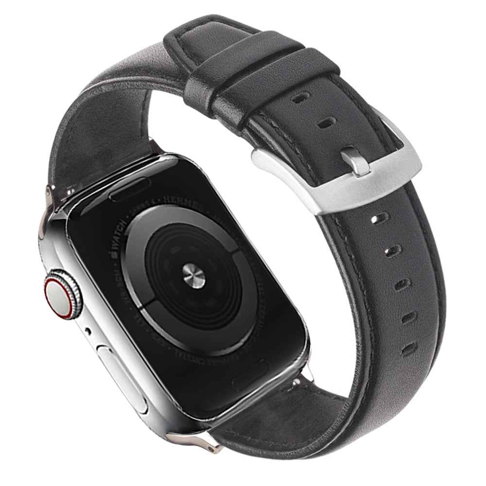 QIALINO Nappa Texture Genuine Leather Smart Watch Band Wrist Strap for Apple Watch Ultra 49mm / Series 8 45mm / 7 45mm / Series 4 / 5 / 6 / SE 44mm / SE (2022) 44mm / Series 1 / 2 / 3 42mm - Black