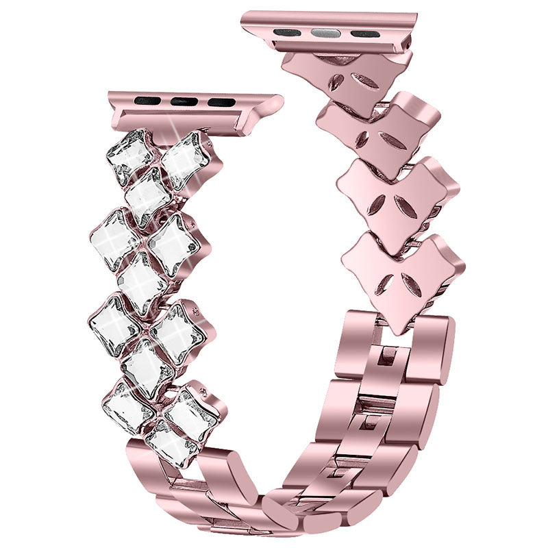 Rhinestone Rhombus Stainless Steel Watch Strap Replacement for Apple Watch Series 8 41mm / Series 7 41mm / SE / SE(2022) / Series 6 / 5 / 4 40mm / Series3 / 2 / 1 38mm - Rose Pink - UNIQBUY