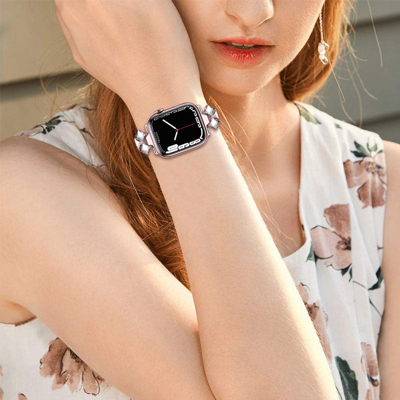 Rhinestone Rhombus Stainless Steel Watch Strap Replacement for Apple Watch Series 8 41mm / Series 7 41mm / SE / SE(2022) / Series 6 / 5 / 4 40mm / Series3 / 2 / 1 38mm - Rose Pink - UNIQBUY