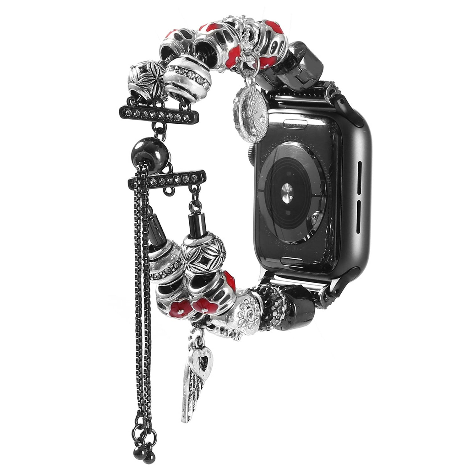 Stylish Style Metal+Wooden Beads Bracelet Smart Watch Band Replacement Watch Strap for Apple Watch Ultra 49mm / Series 8 45mm / 7 45mm / 6 / 5 / 4 / SE 44mm / SE (2022) 44mm / 3 / 2 / 1 42mm - Black / Red - UNIQBUY