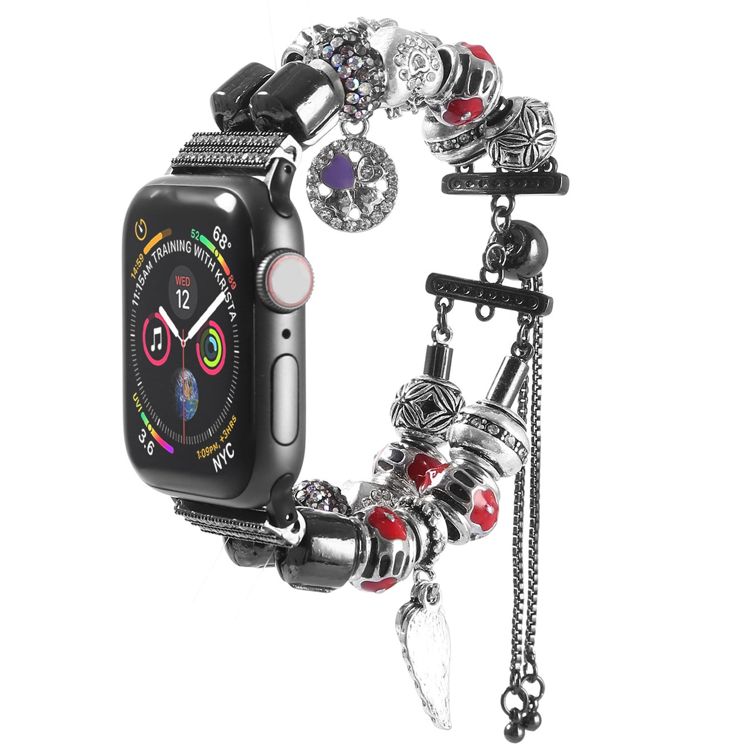 Stylish Style Metal+Wooden Beads Bracelet Smart Watch Band Replacement Watch Strap for Apple Watch Ultra 49mm / Series 8 45mm / 7 45mm / 6 / 5 / 4 / SE 44mm / SE (2022) 44mm / 3 / 2 / 1 42mm - Black / Red - UNIQBUY