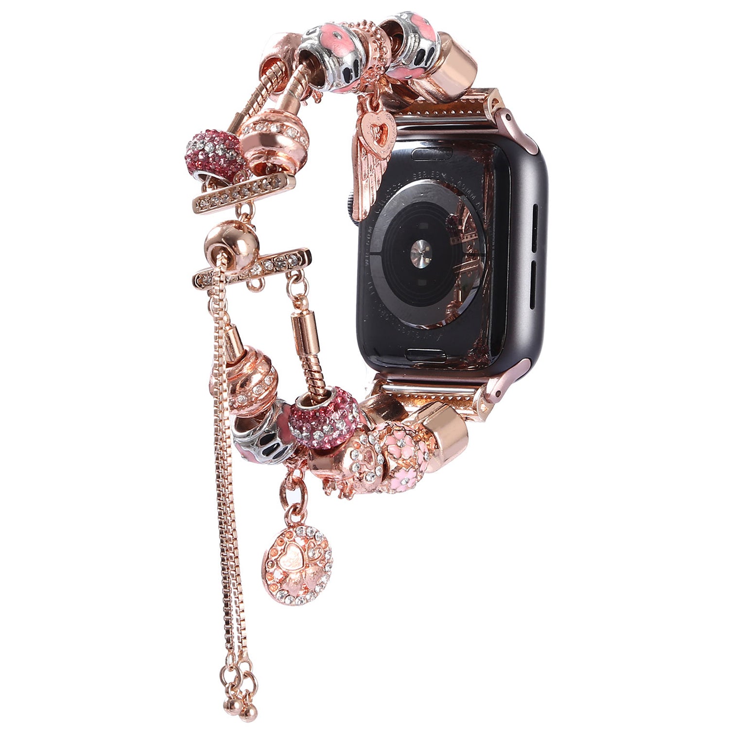 Stylish Style Metal+Wooden Beads Bracelet Smart Watch Band Replacement Watch Strap for Apple Watch Ultra 49mm / Series 8 45mm / 7 45mm / 6 / 5 / 4 / SE 44mm / SE (2022) 44mm / 3 / 2 / 1 42mm - Rose Gold - UNIQBUY