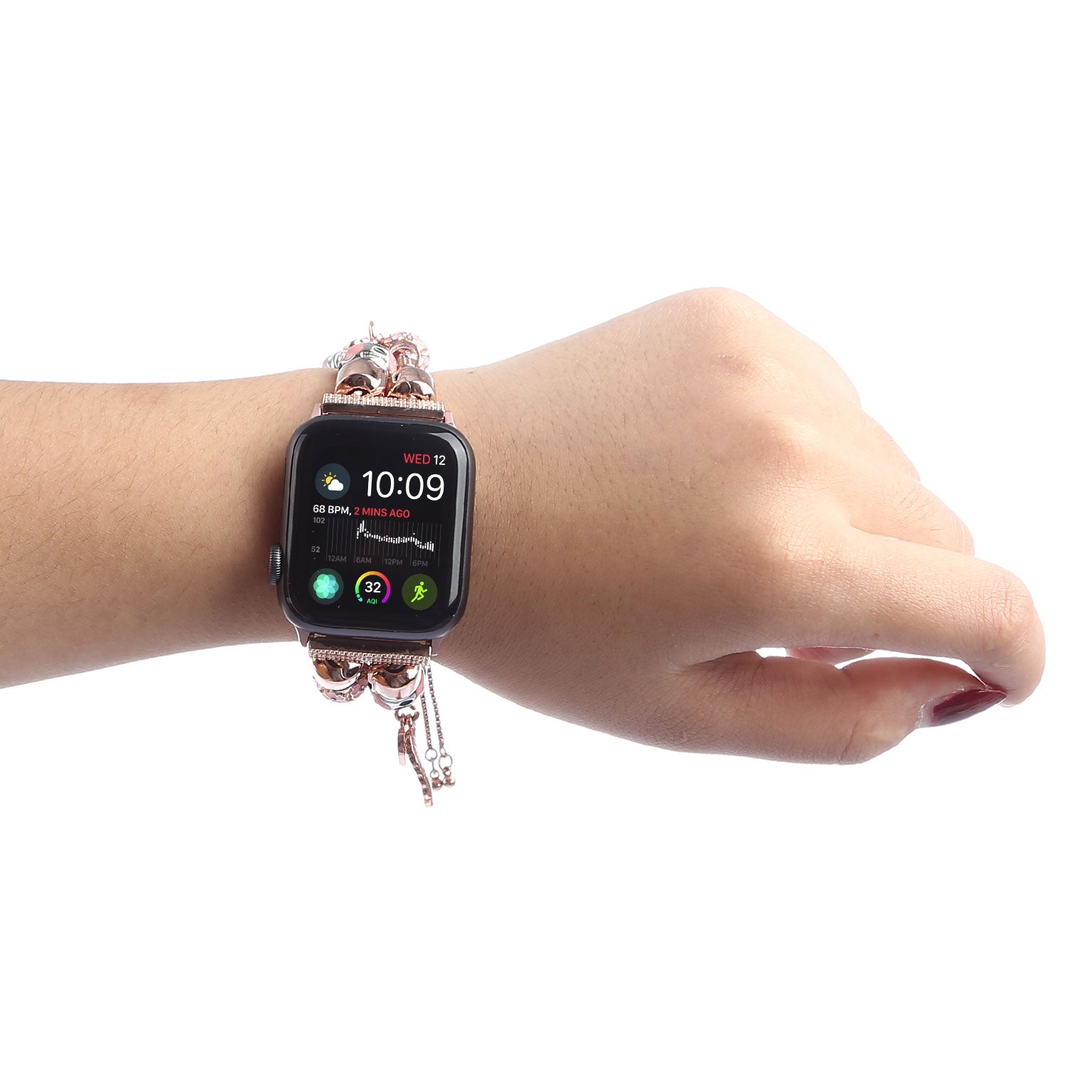 Stylish Style Metal+Wooden Beads Bracelet Smart Watch Band Replacement Watch Strap for Apple Watch Ultra 49mm / Series 8 45mm / 7 45mm / 6 / 5 / 4 / SE 44mm / SE (2022) 44mm / 3 / 2 / 1 42mm - Rose Gold - UNIQBUY