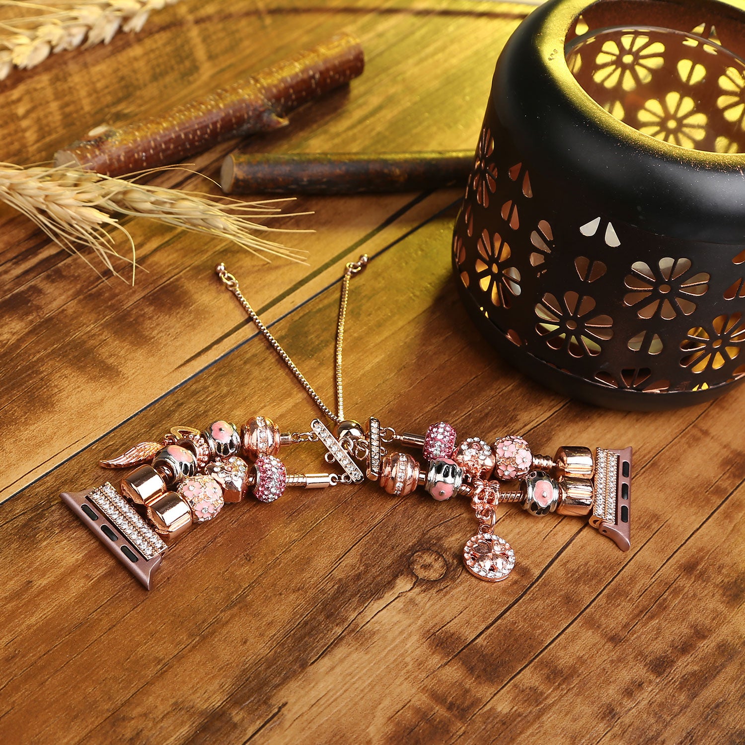Stylish Style Metal+Wooden Beads Bracelet Smart Watch Band Replacement Watch Strap for Apple Watch Ultra 49mm / Series 8 45mm / 7 45mm / 6 / 5 / 4 / SE 44mm / SE (2022) 44mm / 3 / 2 / 1 42mm - Rose Gold - UNIQBUY