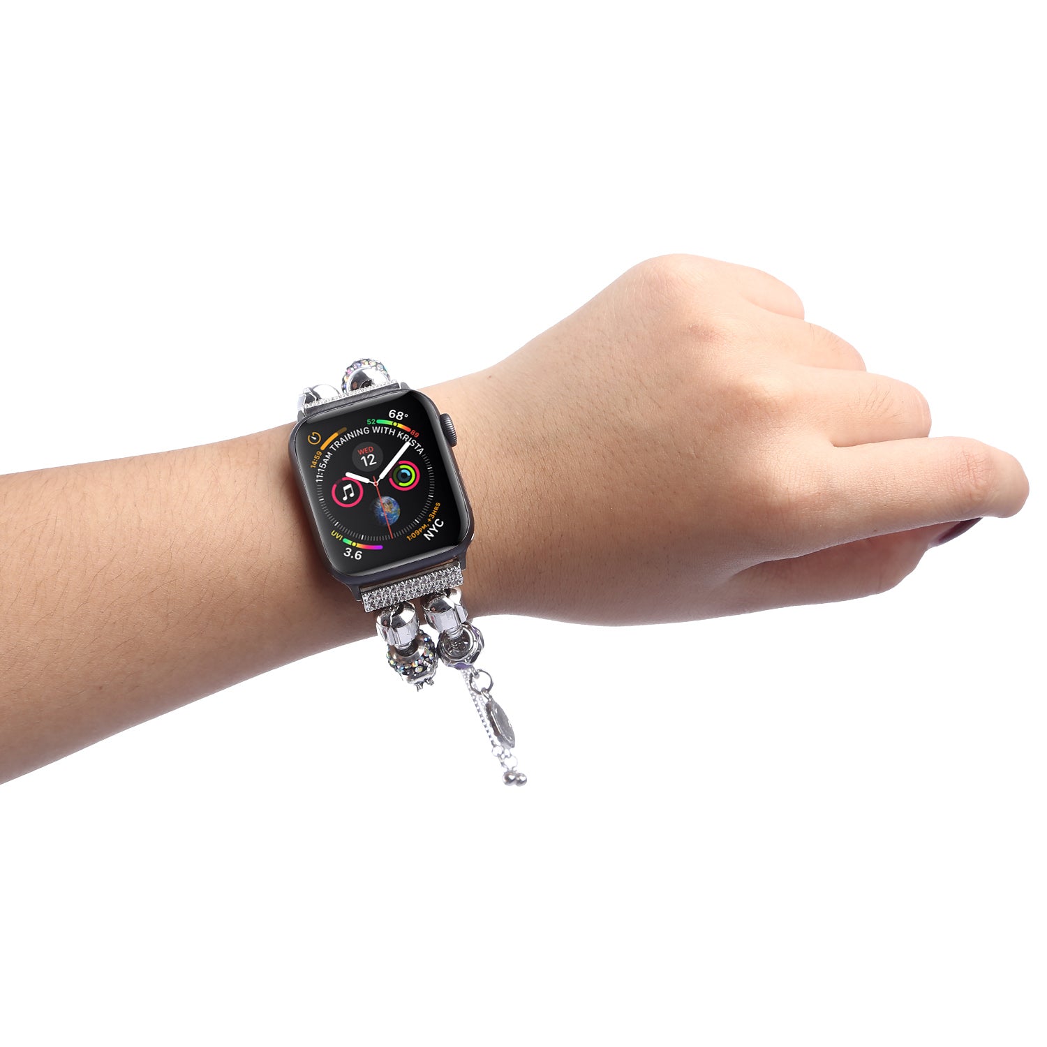 Stylish Style Metal+Wooden Beads Bracelet Smart Watch Band Replacement Watch Strap for Apple Watch Ultra 49mm / Series 8 45mm / 7 45mm / 6 / 5 / 4 / SE 44mm / SE (2022) 44mm / 3 / 2 / 1 42mm - Silver / Purple - UNIQBUY