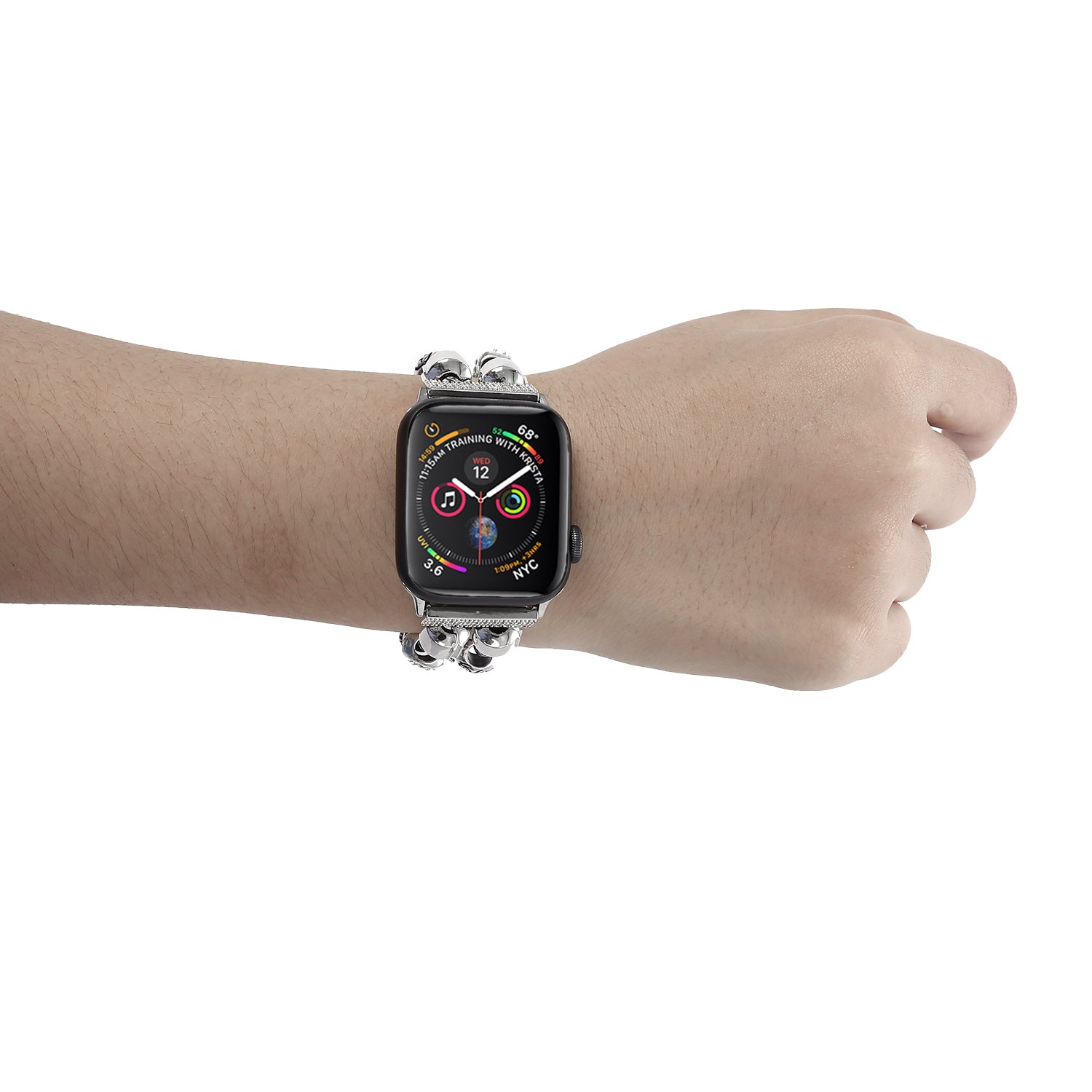 Stylish Style Metal+Wooden Beads Bracelet Smart Watch Band Replacement Watch Strap for Apple Watch Ultra 49mm / Series 8 45mm / 7 45mm / 6 / 5 / 4 / SE 44mm / SE (2022) 44mm / 3 / 2 / 1 42mm - Silver - UNIQBUY