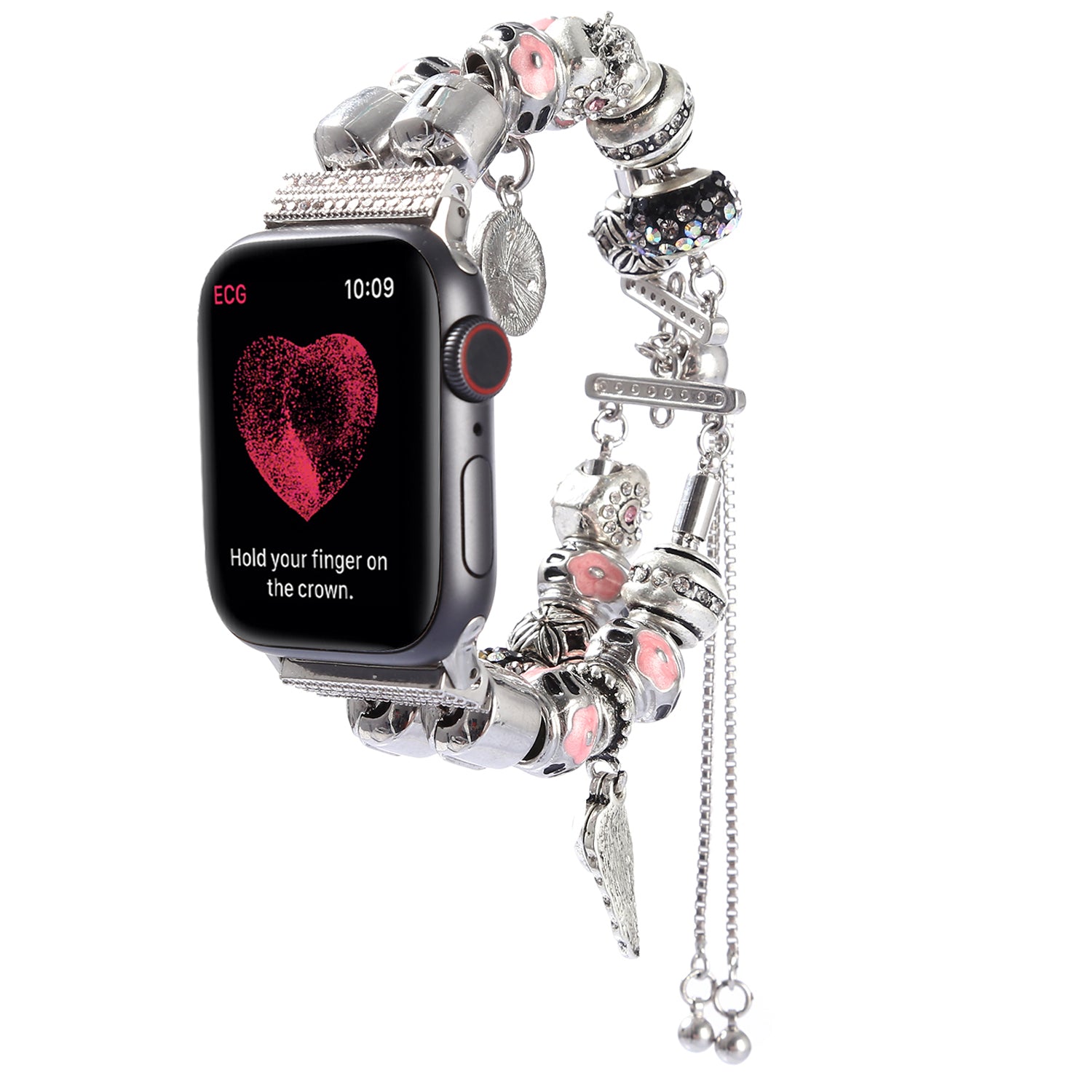 Stylish Style Metal+Wooden Beads Bracelet Smart Watch Band Replacement Watch Strap for Apple Watch Ultra 49mm / Series 8 45mm / 7 45mm / 6 / 5 / 4 / SE 44mm / SE (2022) 44mm / 3 / 2 / 1 42mm - Silver / Pink - UNIQBUY
