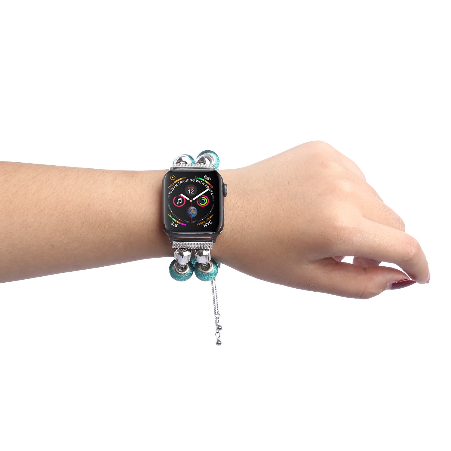Stylish Style Metal+Wooden Beads Bracelet Smart Watch Band Replacement Watch Strap for Apple Watch Ultra 49mm / Series 8 45mm / 7 45mm / 6 / 5 / 4 / SE 44mm / SE (2022) 44mm / 3 / 2 / 1 42mm - Blue - UNIQBUY