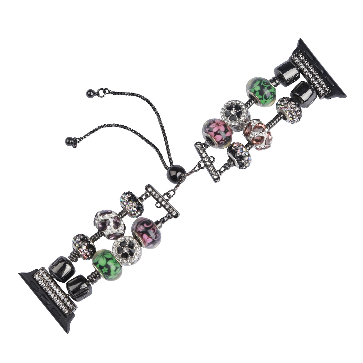 Stylish Style Metal+Wooden Beads Bracelet Smart Watch Band Replacement Watch Strap for Apple Watch Ultra 49mm / Series 8 45mm / 7 45mm / 6 / 5 / 4 / SE 44mm / SE (2022) 44mm / 3 / 2 / 1 42mm - Pink / Green Flower - UNIQBUY