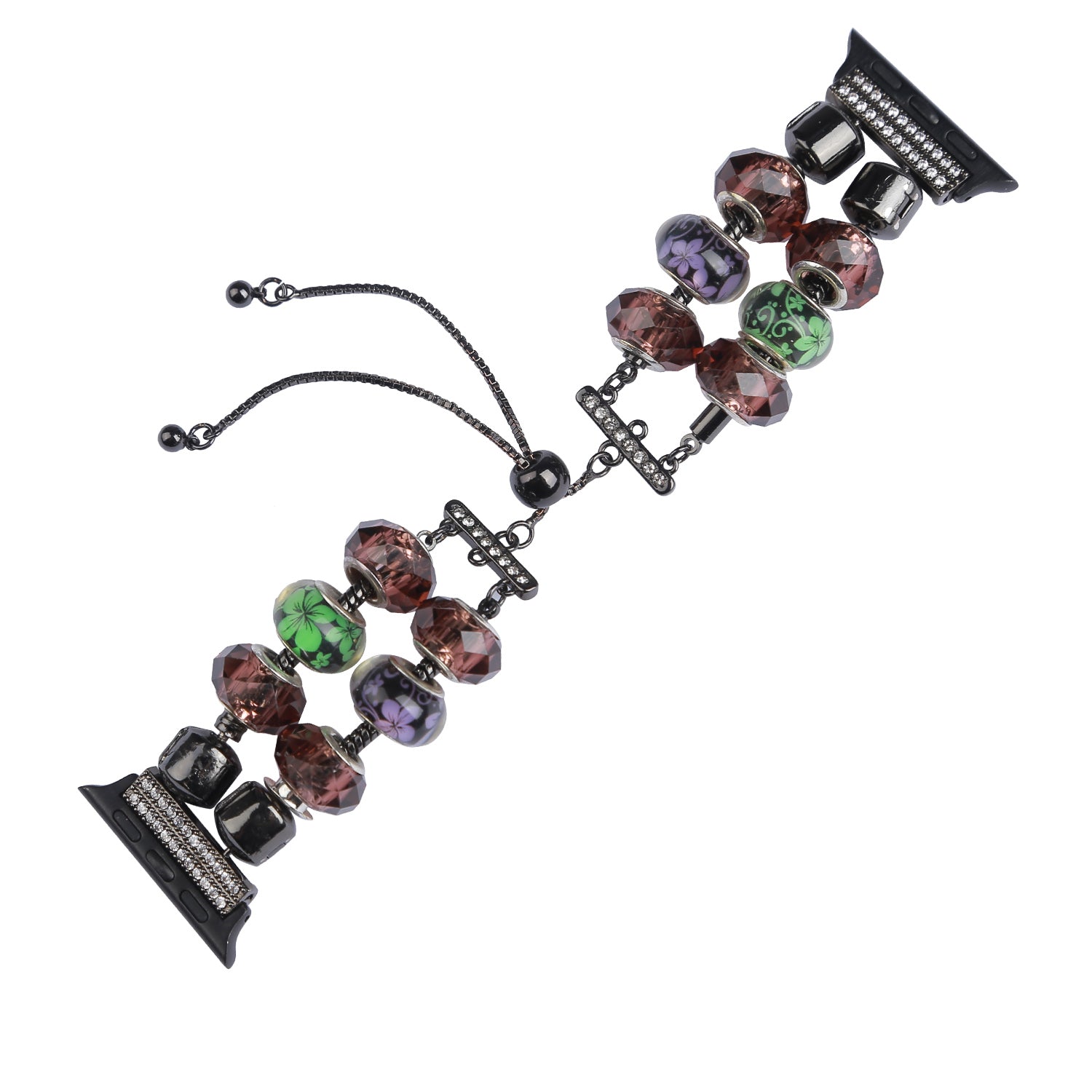 Stylish Style Metal+Wooden Beads Bracelet Smart Watch Band Replacement Watch Strap for Apple Watch Ultra 49mm / Series 8 45mm / 7 45mm / 6 / 5 / 4 / SE 44mm / SE (2022) 44mm / 3 / 2 / 1 42mm - Green / Purple Fower - UNIQBUY