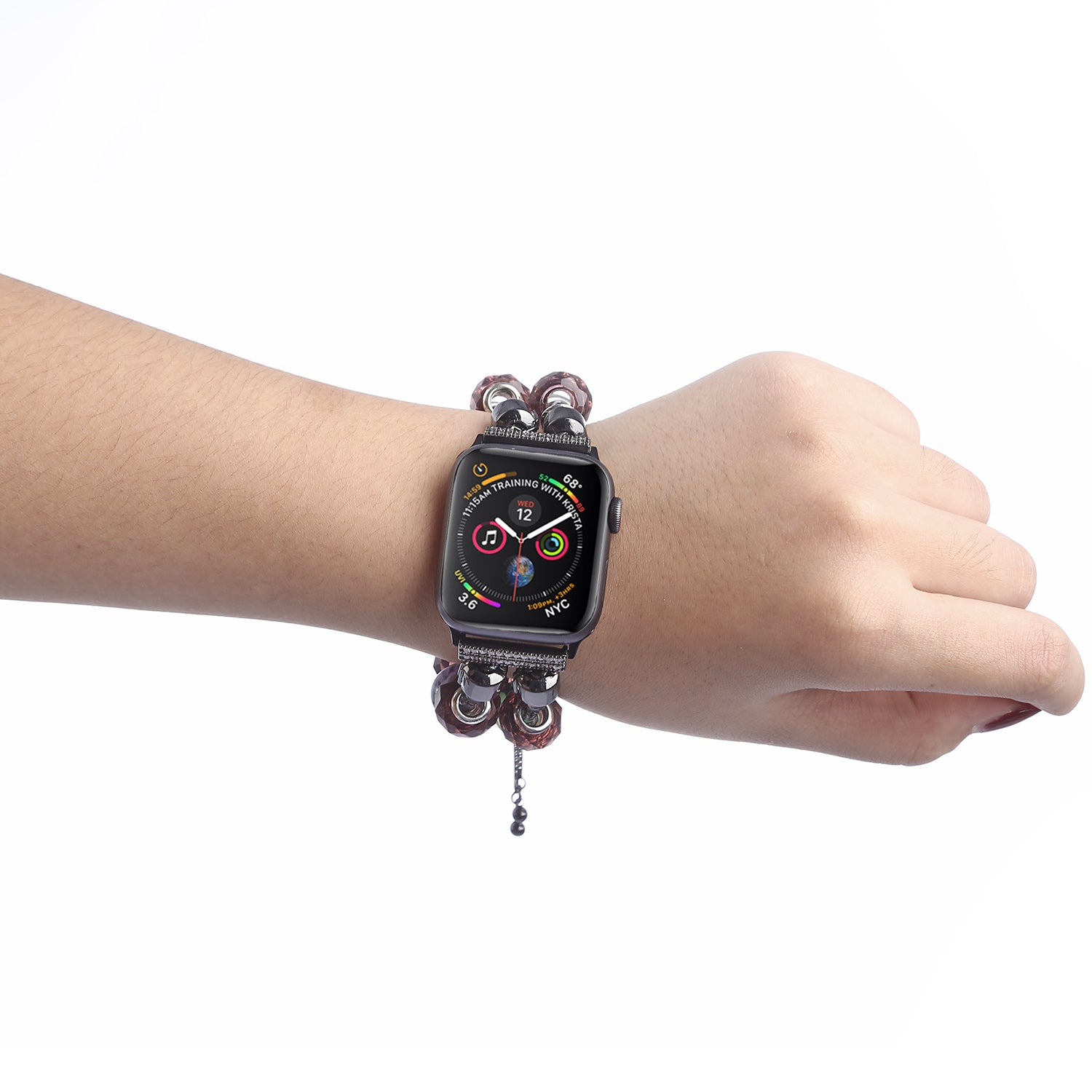 Stylish Style Metal+Wooden Beads Bracelet Smart Watch Band Replacement Watch Strap for Apple Watch Ultra 49mm / Series 8 45mm / 7 45mm / 6 / 5 / 4 / SE 44mm / SE (2022) 44mm / 3 / 2 / 1 42mm - Green / Purple Fower - UNIQBUY
