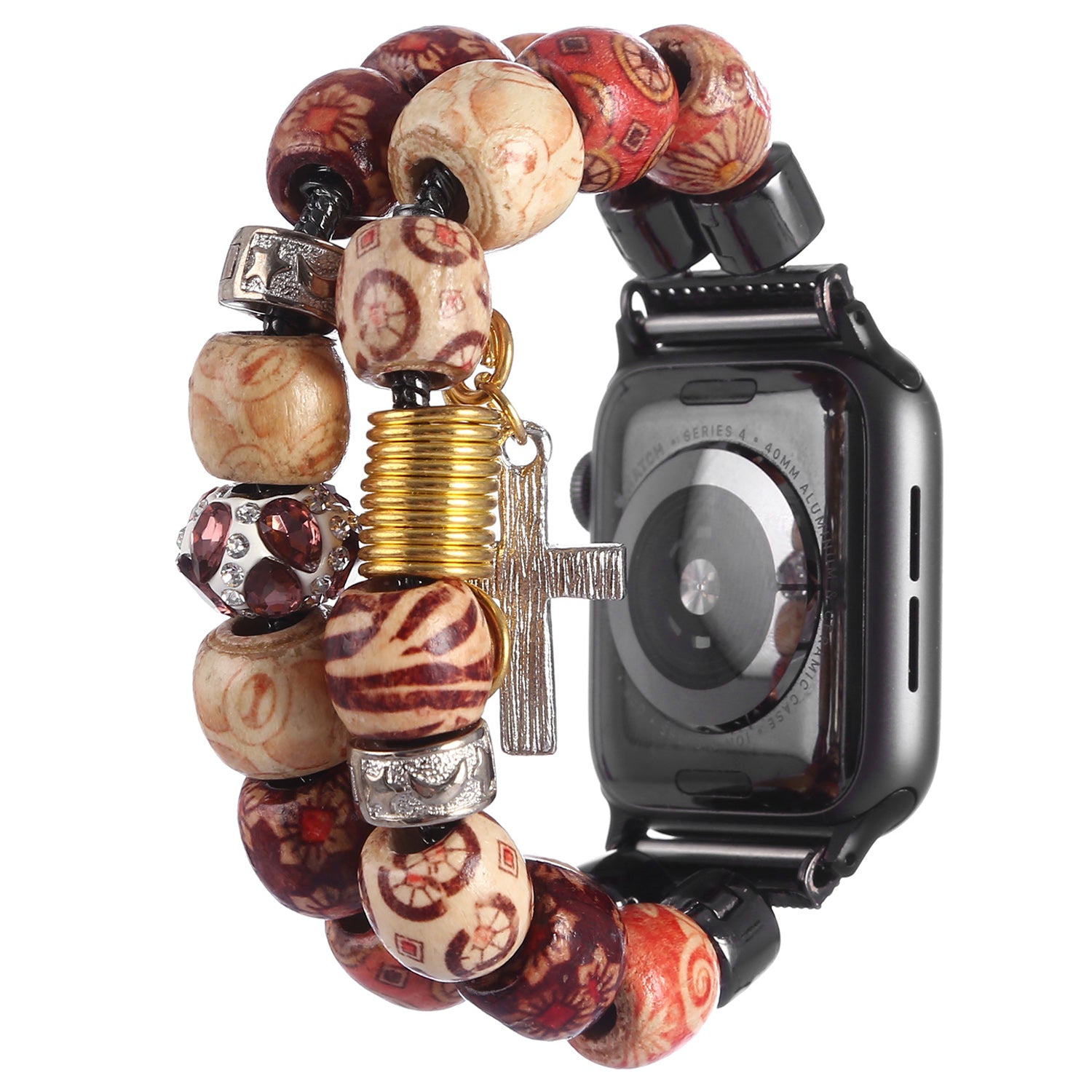 Stylish Style Metal+Wooden Beads Bracelet Smart Watch Band Replacement Watch Strap for Apple Watch Ultra 49mm / Series 8 45mm / 7 45mm / 6 / 5 / 4 / SE 44mm / SE (2022) 44mm / 3 / 2 / 1 42mm - Wood Color - UNIQBUY