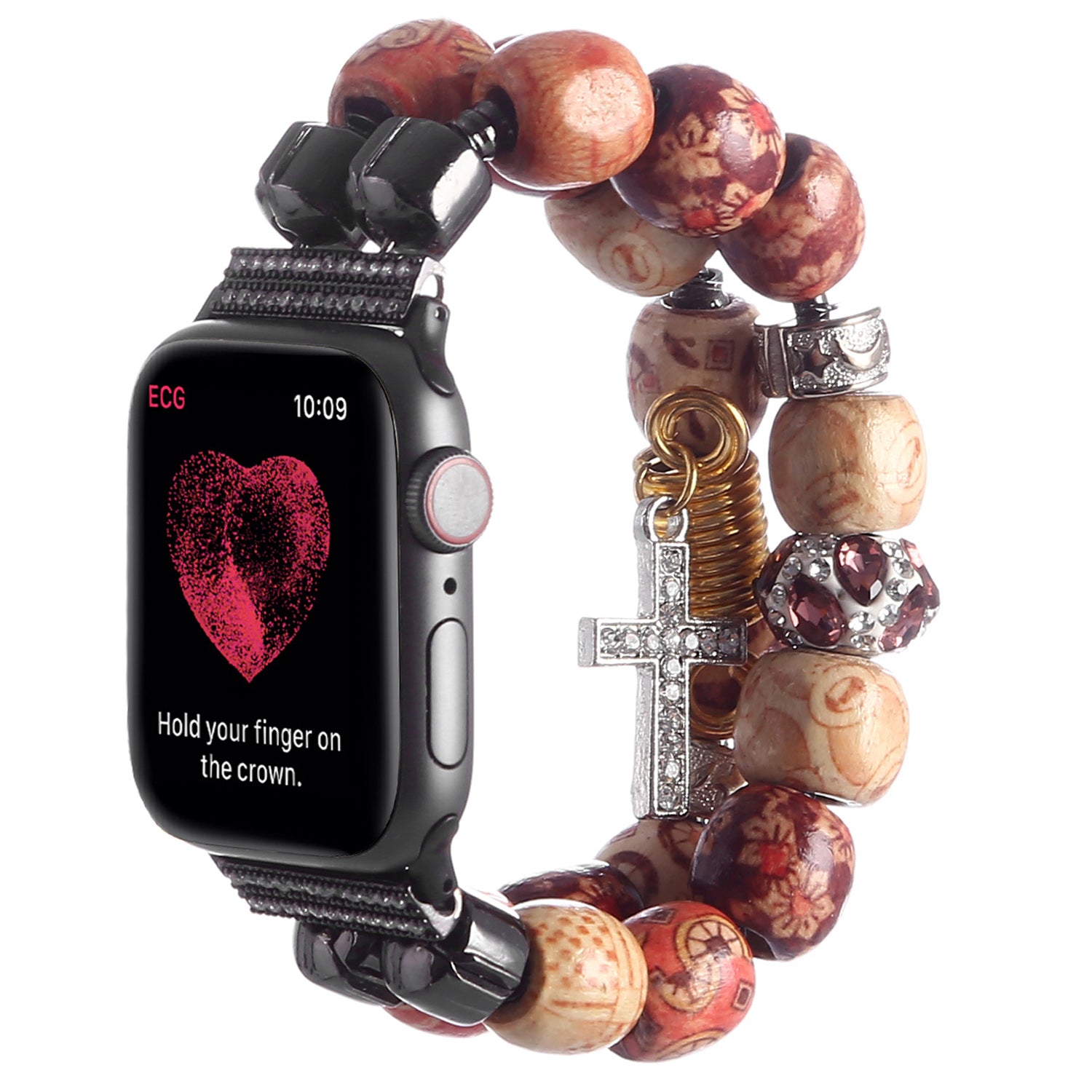 Stylish Style Metal+Wooden Beads Bracelet Smart Watch Band Replacement Watch Strap for Apple Watch Ultra 49mm / Series 8 45mm / 7 45mm / 6 / 5 / 4 / SE 44mm / SE (2022) 44mm / 3 / 2 / 1 42mm - Wood Color - UNIQBUY
