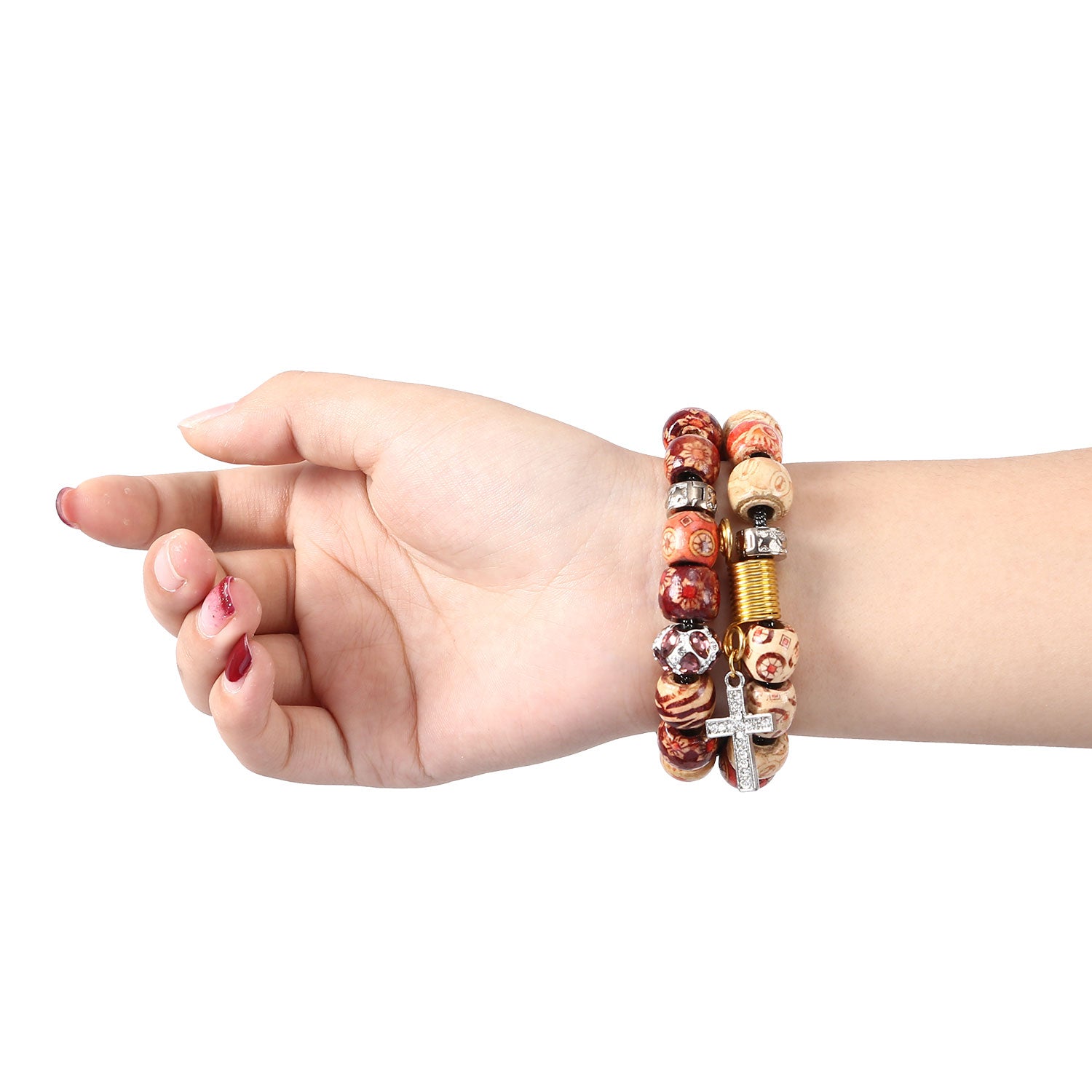 Stylish Style Metal+Wooden Beads Bracelet Smart Watch Band Replacement Watch Strap for Apple Watch Ultra 49mm / Series 8 45mm / 7 45mm / 6 / 5 / 4 / SE 44mm / SE (2022) 44mm / 3 / 2 / 1 42mm - Wood Color - UNIQBUY