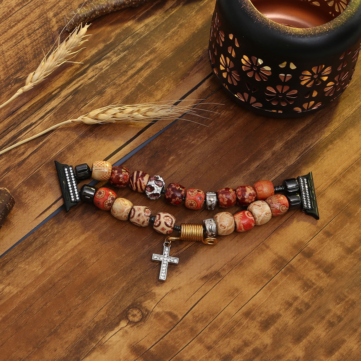 Stylish Style Metal+Wooden Beads Bracelet Smart Watch Band Replacement Watch Strap for Apple Watch Ultra 49mm / Series 8 45mm / 7 45mm / 6 / 5 / 4 / SE 44mm / SE (2022) 44mm / 3 / 2 / 1 42mm - Wood Color - UNIQBUY