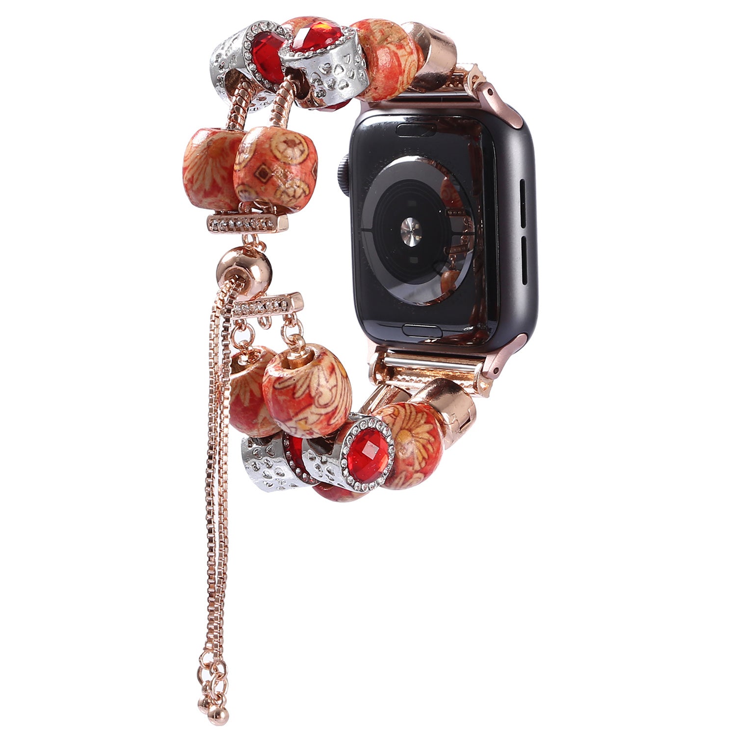 Stylish Style Metal+Wooden Beads Bracelet Smart Watch Band Replacement Watch Strap for Apple Watch Ultra 49mm / Series 8 45mm / 7 45mm / 6 / 5 / 4 / SE 44mm / SE (2022) 44mm / 3 / 2 / 1 42mm - Wood Color / Chain Dangle - UNIQBUY