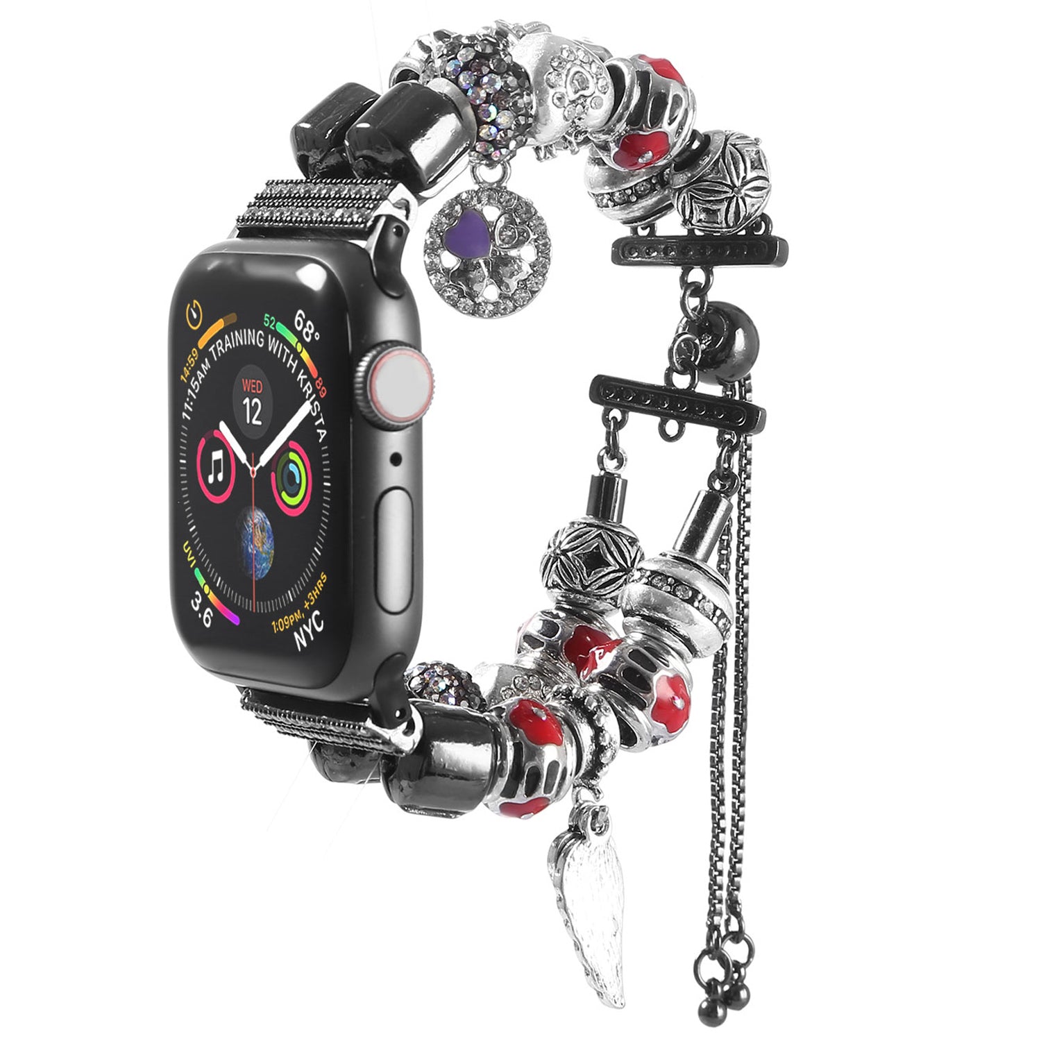Retro Style Metal / Wooden Beads Smart Watch Band Replacement Watch Strap Bracelet for Apple Watch Series 8 41mm / Series 7 41mm / 6 / 5 / 4 / SE / SE(2022) 40mm / 3 / 2 / 1 38mm - Black / Red - UNIQBUY