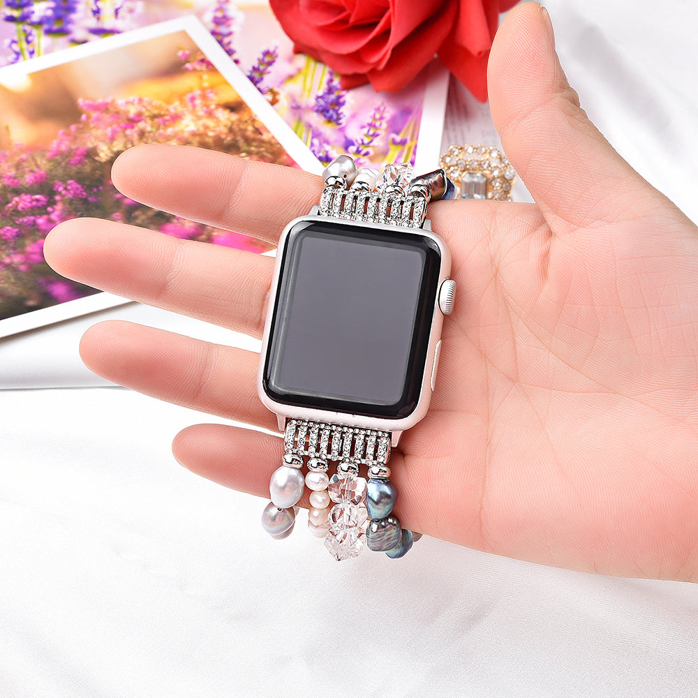 Exquisite Crystal Pearls Bracelet Watch Band for Apple Watch Ultra 49mm / Series 8 45mm / 7 45mm / SE 44mm / SE (2022) 44mm / Series 6 / 5 / 4 44mm / Series 3 / 2 / 1 42mm - Pearl / White Crystal - UNIQBUY