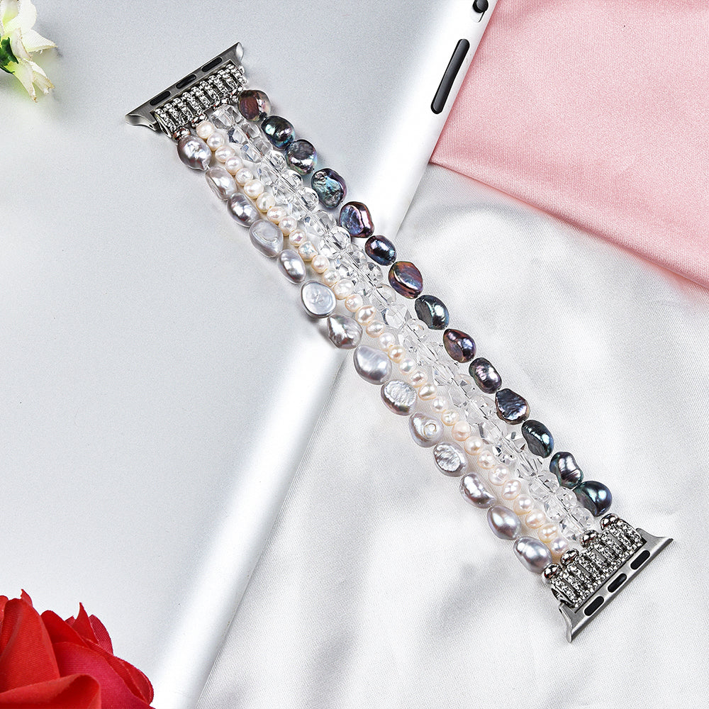 Exquisite Crystal Pearls Bracelet Watch Band for Apple Watch Ultra 49mm / Series 8 45mm / 7 45mm / SE 44mm / SE (2022) 44mm / Series 6 / 5 / 4 44mm / Series 3 / 2 / 1 42mm - Pearl / White Crystal - UNIQBUY