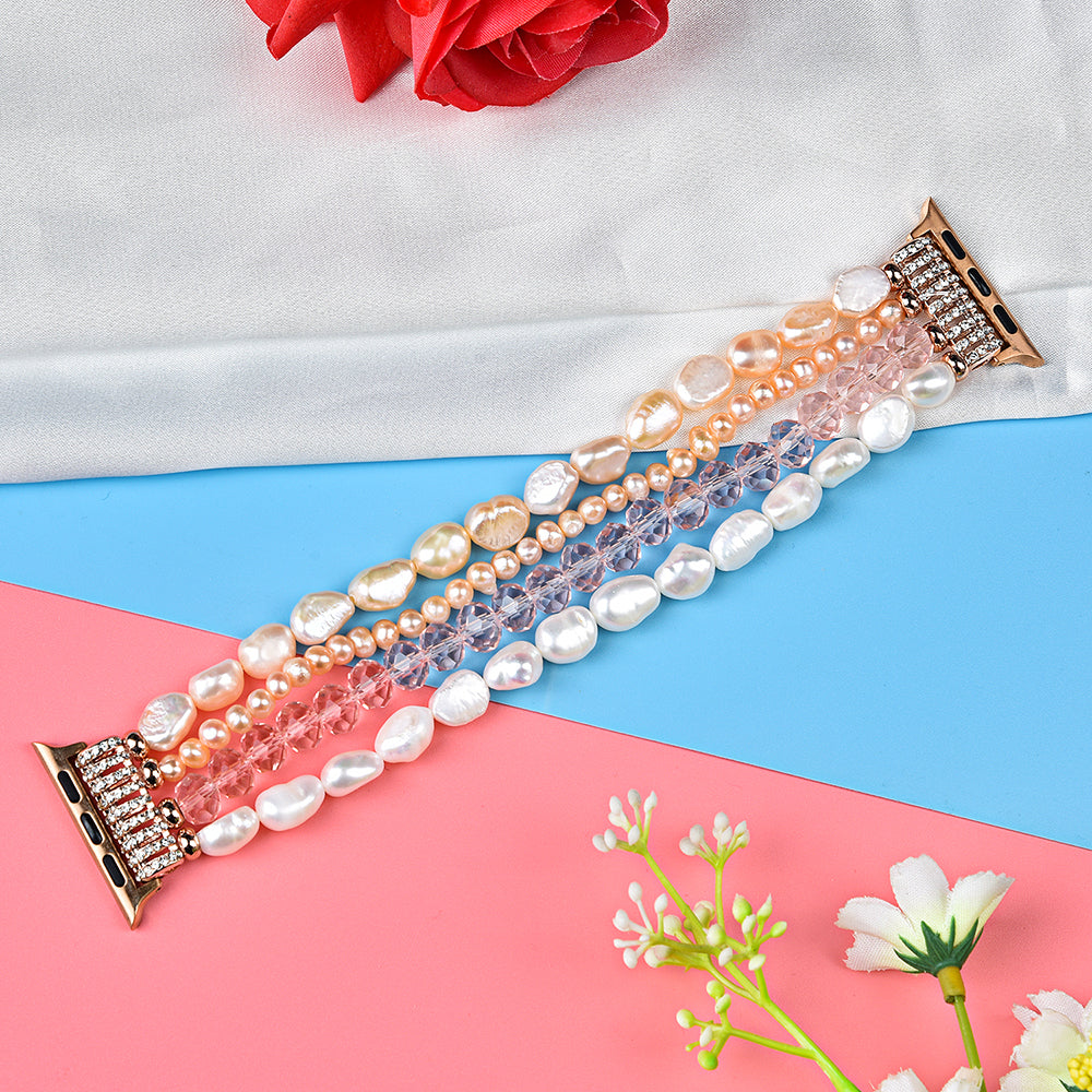 Exquisite Crystal Pearls Bracelet Watch Band for Apple Watch Ultra 49mm / Series 8 45mm / 7 45mm / SE 44mm / SE (2022) 44mm / Series 6 / 5 / 4 44mm / Series 3 / 2 / 1 42mm - Pearl / Pink Crystal - UNIQBUY