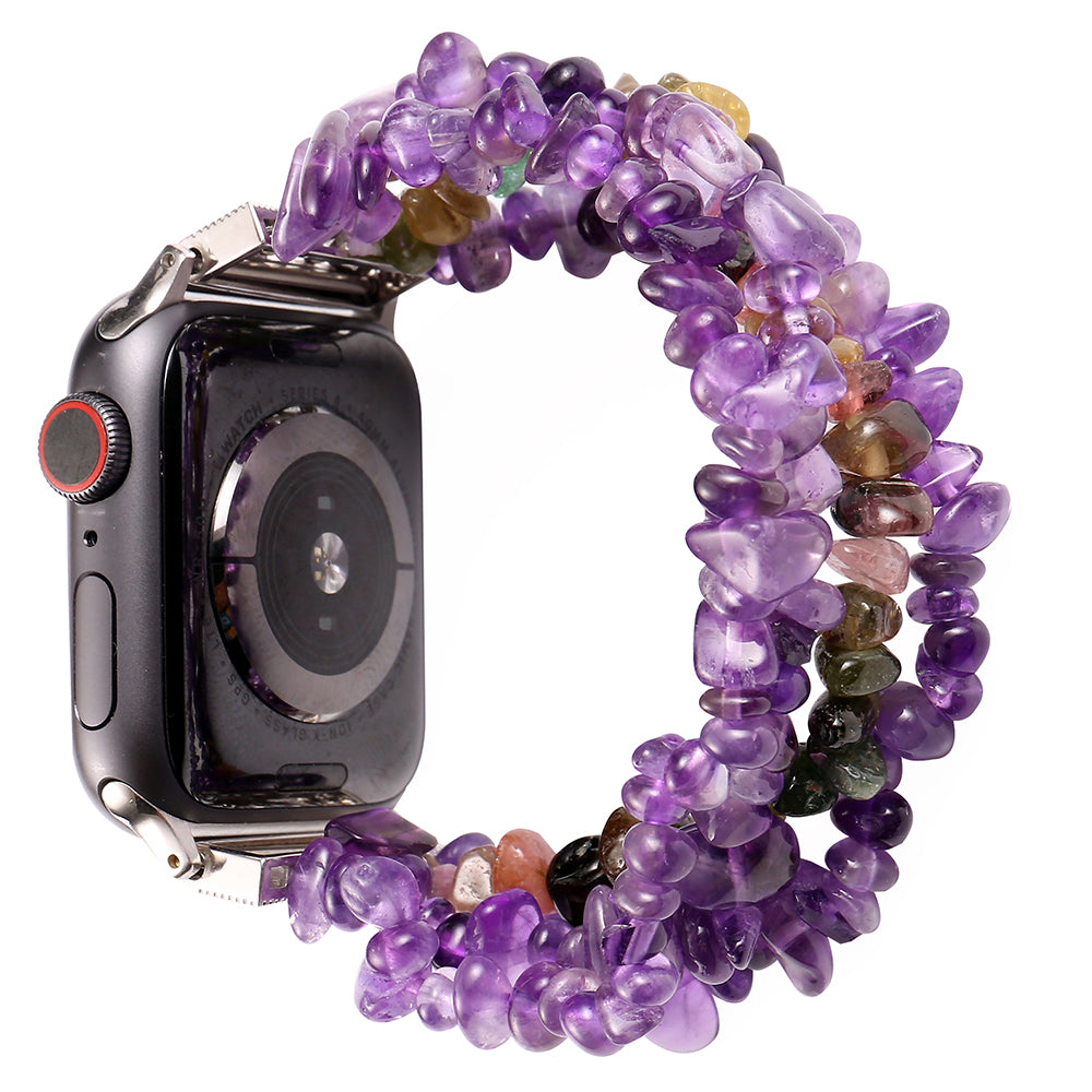 Four Rows Natural Stones Smart Watch Strap Band Replacement for Apple Watch Ultra 49mm / Series 8 45mm / 7 45mm / SE 44mm / SE (2022) 44mm / Series 6 / 5 / 4 44mm / Series 3 / 2 / 1 42mm - Purple - UNIQBUY