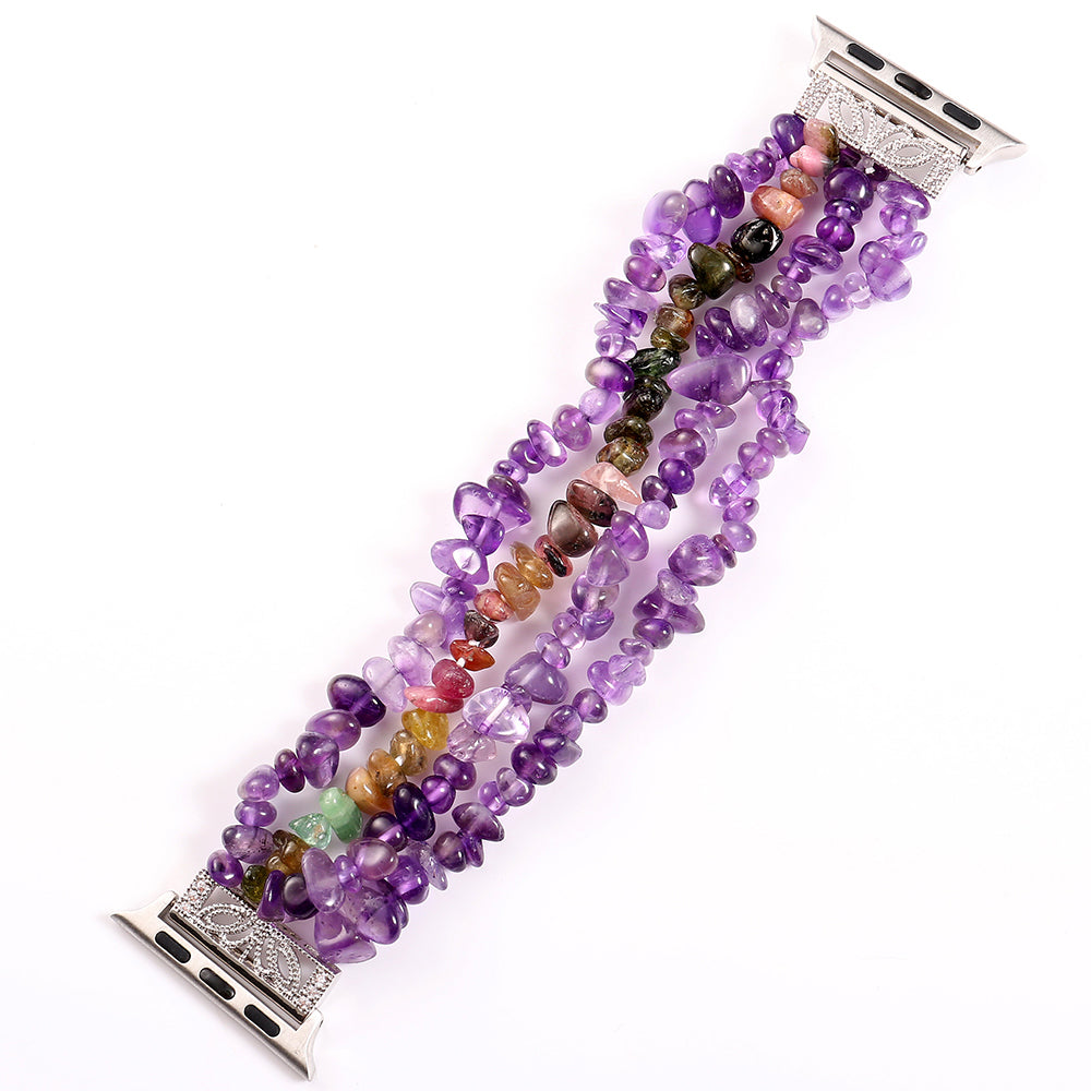 Four Rows Natural Stones Smart Watch Strap Band Replacement for Apple Watch Ultra 49mm / Series 8 45mm / 7 45mm / SE 44mm / SE (2022) 44mm / Series 6 / 5 / 4 44mm / Series 3 / 2 / 1 42mm - Purple - UNIQBUY