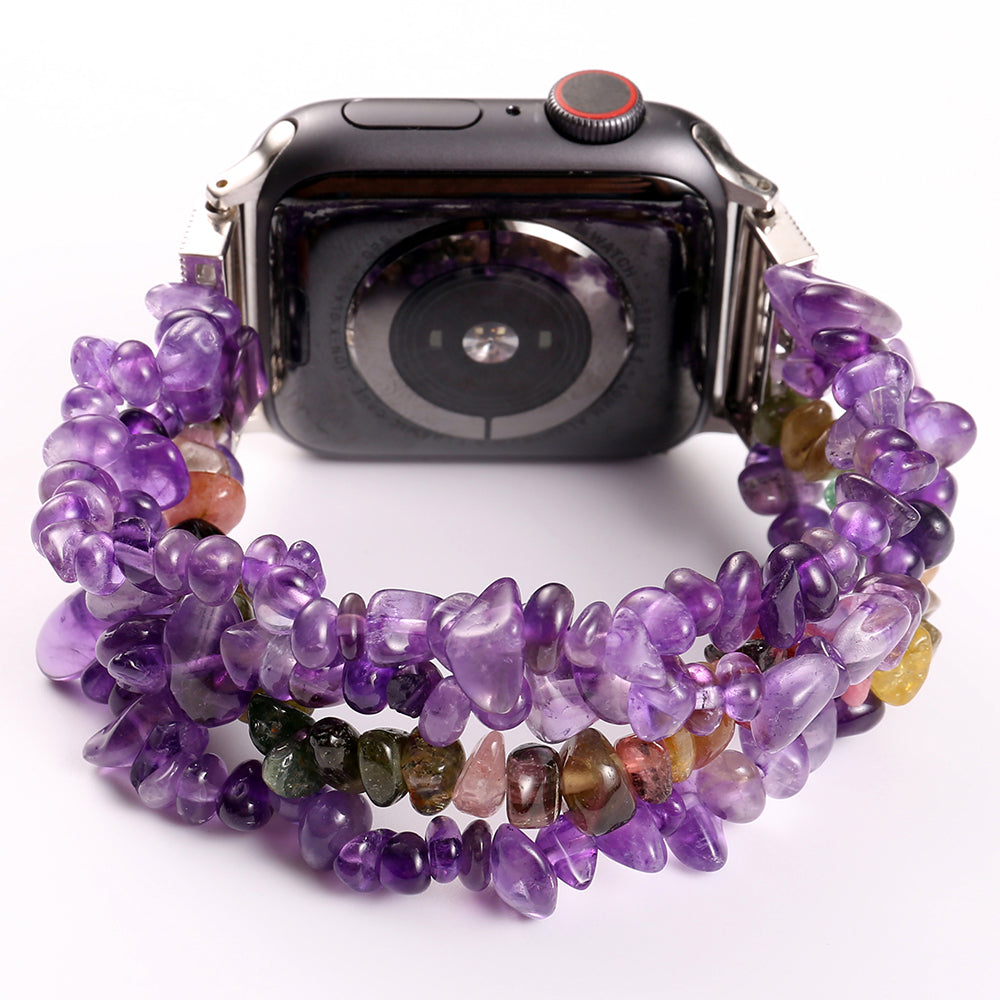 Four Rows Natural Stones Smart Watch Strap Band Replacement for Apple Watch Ultra 49mm / Series 8 45mm / 7 45mm / SE 44mm / SE (2022) 44mm / Series 6 / 5 / 4 44mm / Series 3 / 2 / 1 42mm - Purple - UNIQBUY