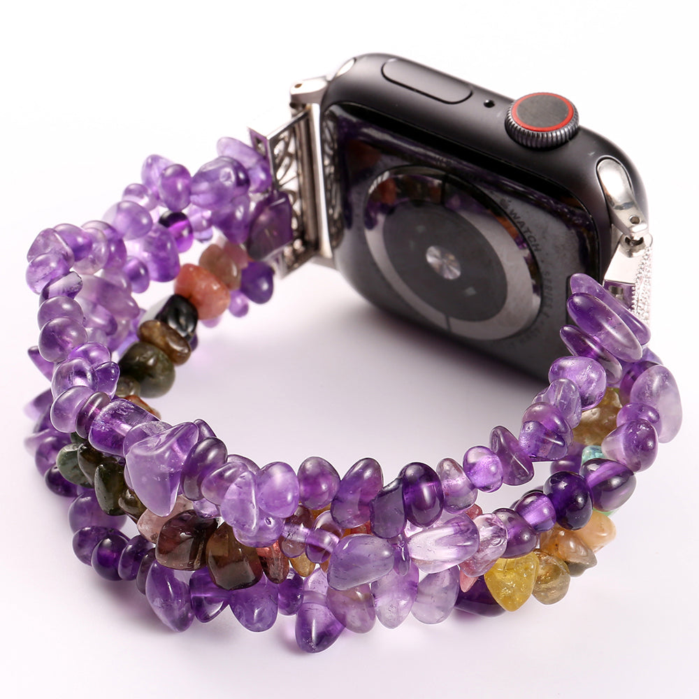 Four Rows Natural Stones Smart Watch Strap Band Replacement for Apple Watch Ultra 49mm / Series 8 45mm / 7 45mm / SE 44mm / SE (2022) 44mm / Series 6 / 5 / 4 44mm / Series 3 / 2 / 1 42mm - Purple - UNIQBUY
