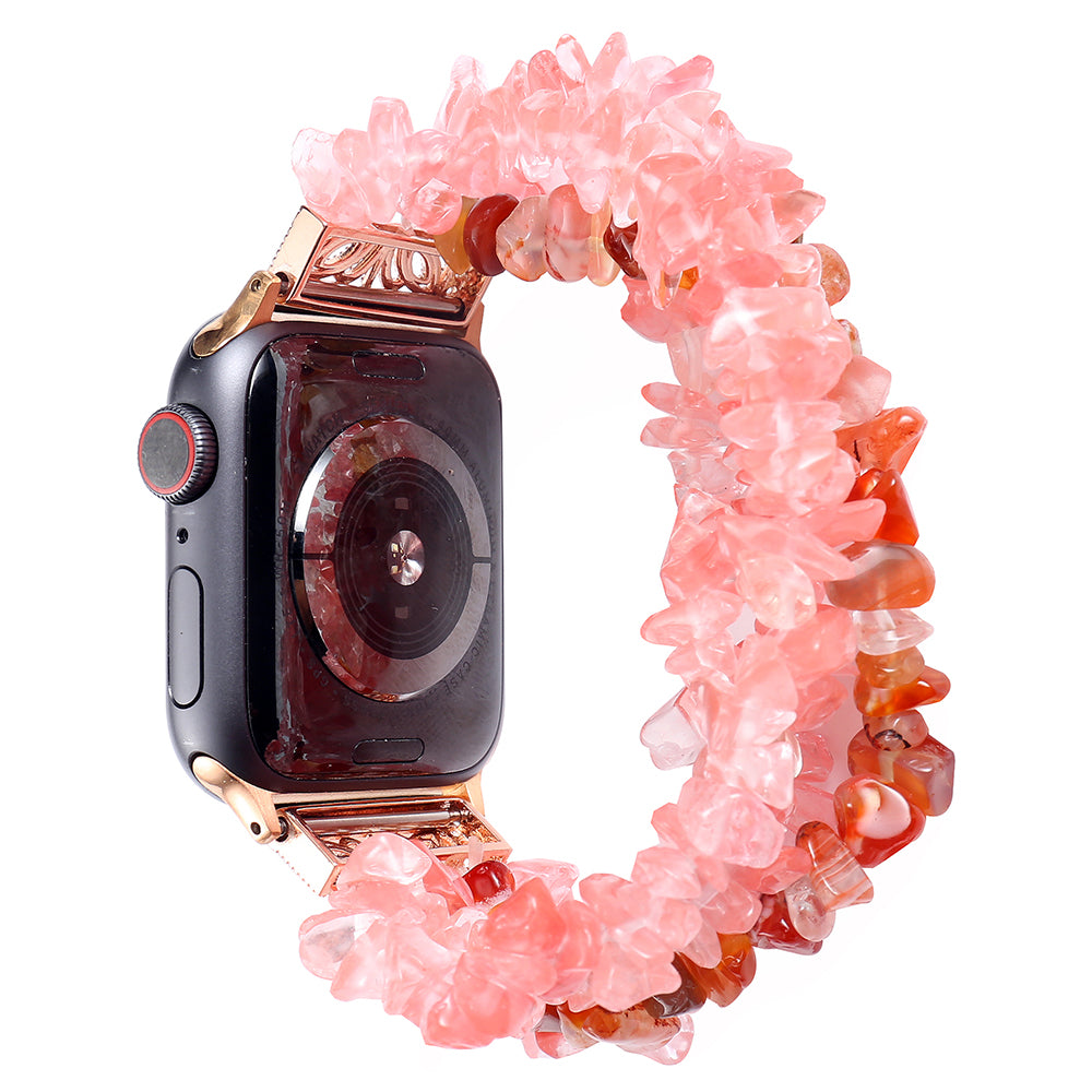 Four Rows Natural Stones Smart Watch Strap Band Replacement for Apple Watch Ultra 49mm / Series 8 45mm / 7 45mm / SE 44mm / SE (2022) 44mm / Series 6 / 5 / 4 44mm / Series 3 / 2 / 1 42mm - Watermelon Red - UNIQBUY