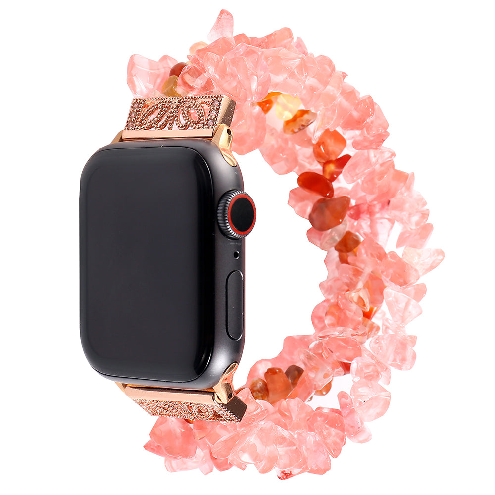 Four Rows Natural Stones Smart Watch Strap Band Replacement for Apple Watch Ultra 49mm / Series 8 45mm / 7 45mm / SE 44mm / SE (2022) 44mm / Series 6 / 5 / 4 44mm / Series 3 / 2 / 1 42mm - Watermelon Red - UNIQBUY