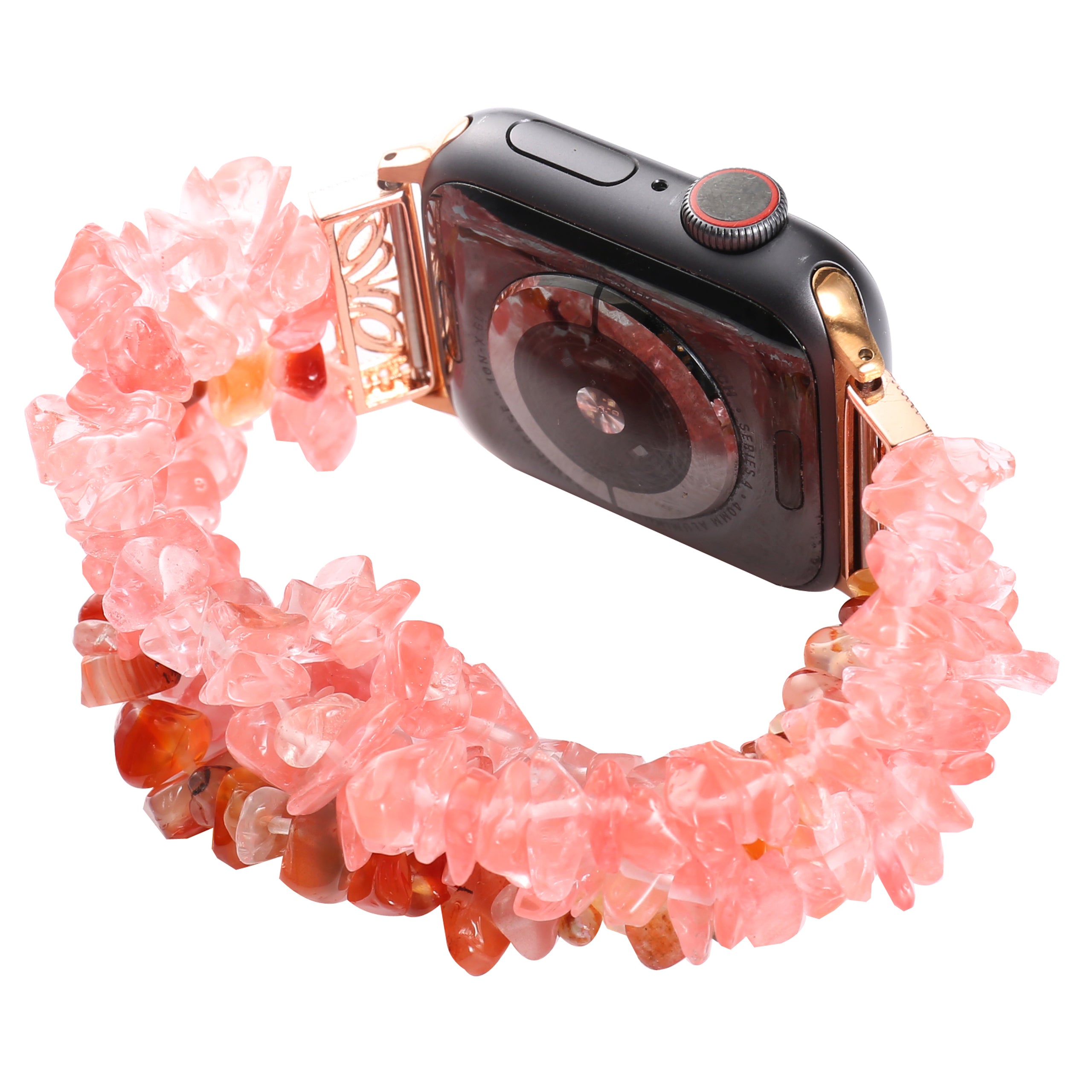 Four Rows Natural Stones Smart Watch Strap Band Replacement for Apple Watch Ultra 49mm / Series 8 45mm / 7 45mm / SE 44mm / SE (2022) 44mm / Series 6 / 5 / 4 44mm / Series 3 / 2 / 1 42mm - Watermelon Red - UNIQBUY