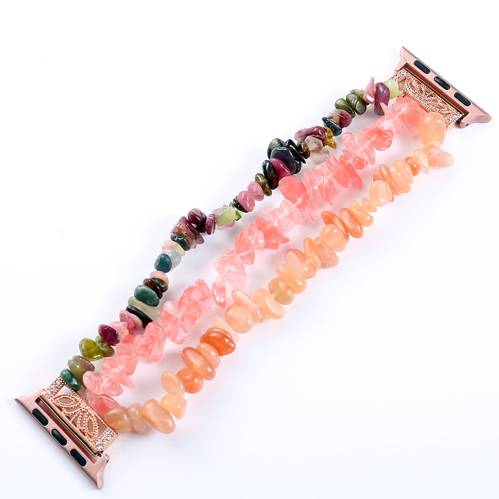 Four Rows Natural Stones Smart Watch Strap Band Replacement for Apple Watch Ultra 49mm / Series 8 45mm / 7 45mm / SE 44mm / SE (2022) 44mm / Series 6 / 5 / 4 44mm / Series 3 / 2 / 1 42mm - Pink / Multicolor - UNIQBUY