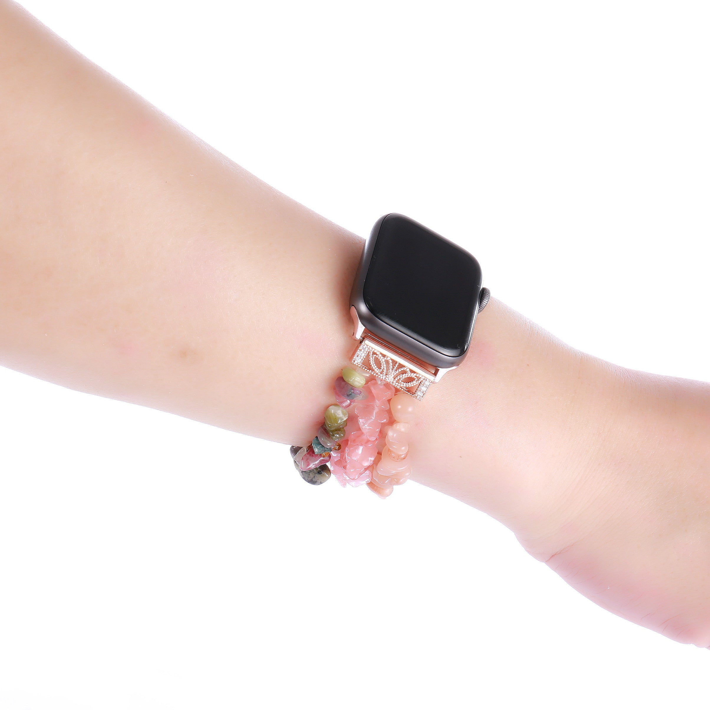 Four Rows Natural Stones Smart Watch Strap Band Replacement for Apple Watch Ultra 49mm / Series 8 45mm / 7 45mm / SE 44mm / SE (2022) 44mm / Series 6 / 5 / 4 44mm / Series 3 / 2 / 1 42mm - Pink / Multicolor - UNIQBUY