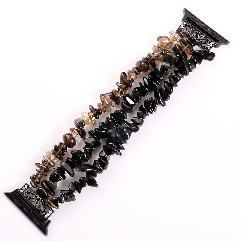 Four Rows Natural Stones Smart Watch Strap Band Replacement for Apple Watch Ultra 49mm / Series 8 45mm / 7 45mm / SE 44mm / SE (2022) 44mm / Series 6 / 5 / 4 44mm / Series 3 / 2 / 1 42mm - Black - UNIQBUY