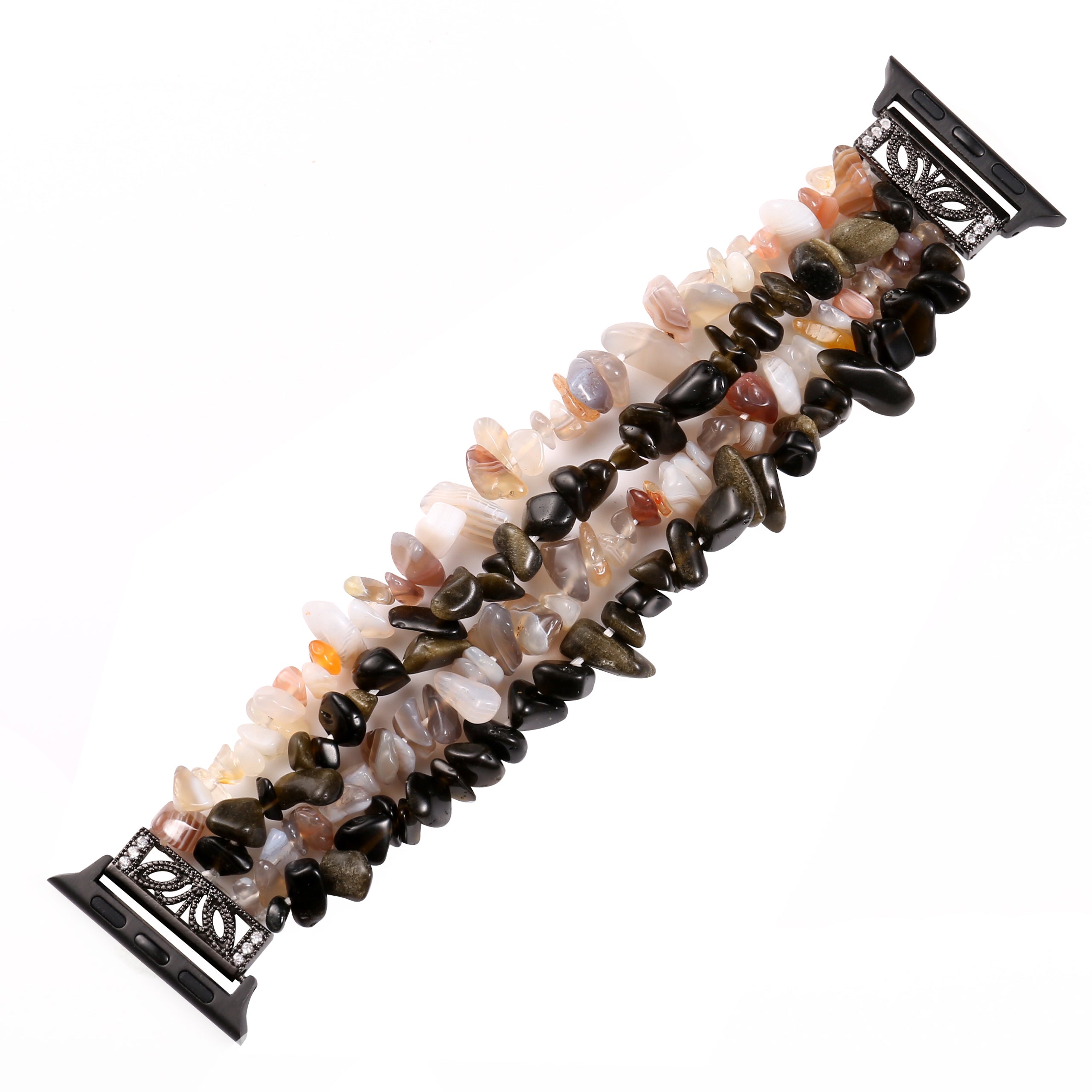 Four Rows Natural Stones Smart Watch Strap Band Replacement for Apple Watch Ultra 49mm / Series 8 45mm / 7 45mm / SE 44mm / SE (2022) 44mm / Series 6 / 5 / 4 44mm / Series 3 / 2 / 1 42mm - Black / White - UNIQBUY
