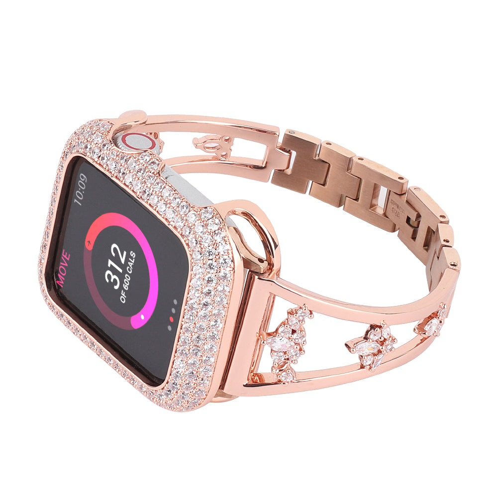 Zircon Decor Stainless Steel Bracelet Watch Strap Replacement Wrist Band for Apple Watch Ultra 49mm / Series 8 45mm / 7 45mm / Series 6 / 5 / 4 / SE 44mm / SE (2022) 44mm Series 3 / 2 / 1 42mm - Rose Gold - UNIQBUY