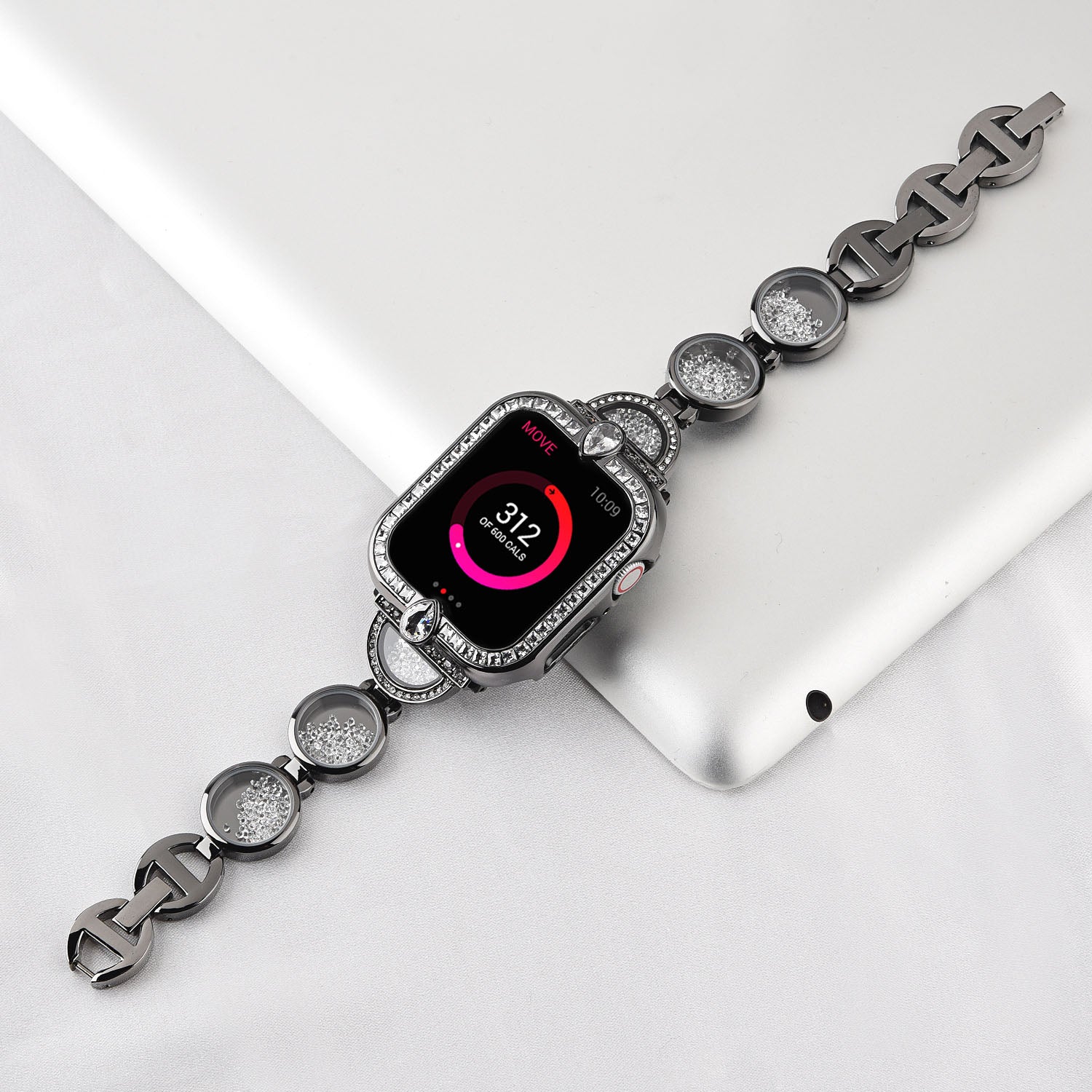 Rhinestones Decor Stainless Steel Watch Band Replacement Wrist Strap for Apple Watch Ultra 49mm / Series 8 45mm / 7 45mm / Series 6 / 5 / 4 / SE 44mm / SE (2022) 44mm Series 3 / 2 / 1 42mm - Black - UNIQBUY