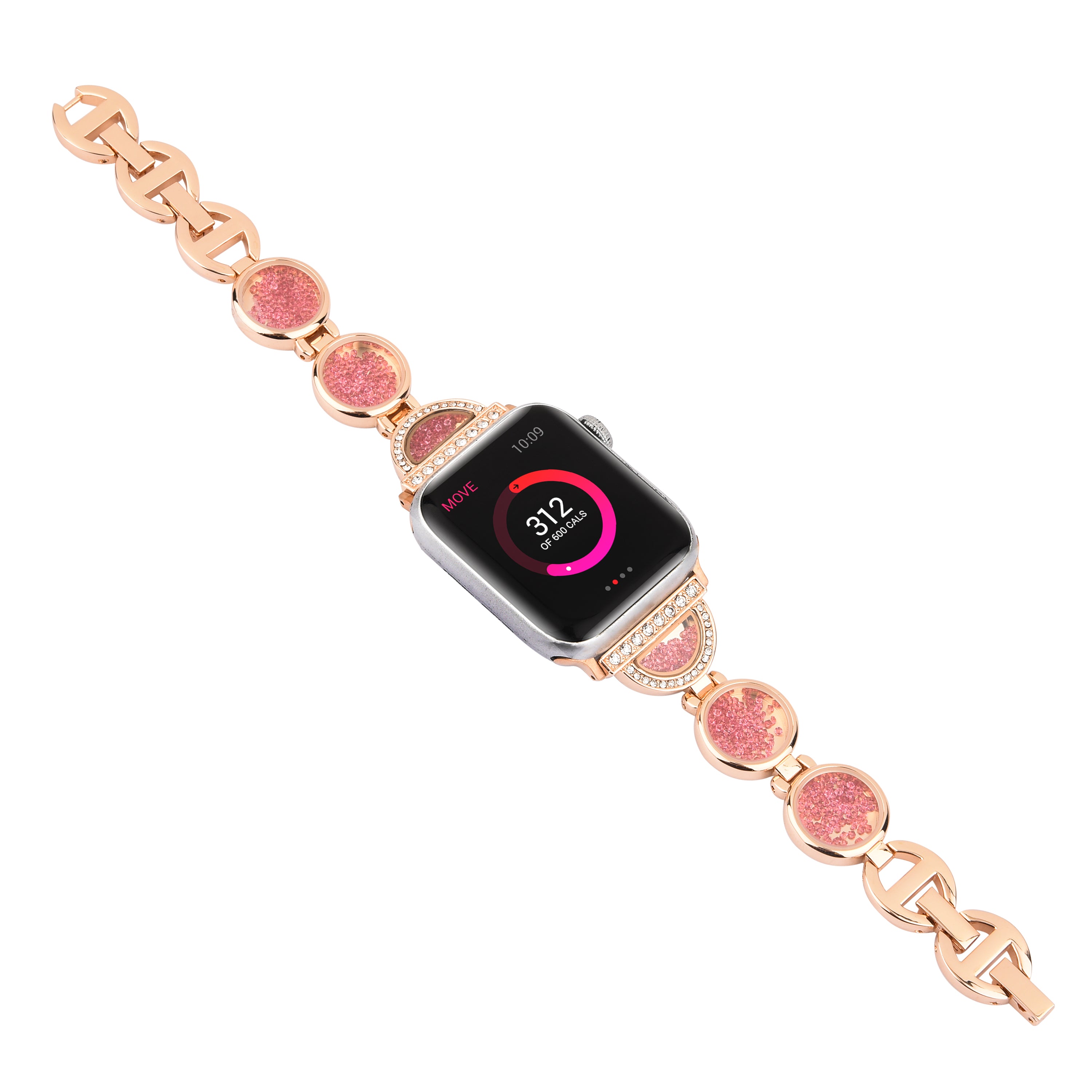 Rhinestones Decor Stainless Steel Watch Band Replacement Wrist Strap for Apple Watch Ultra 49mm / Series 8 45mm / 7 45mm / Series 6 / 5 / 4 / SE 44mm / SE (2022) 44mm Series 3 / 2 / 1 42mm - Rose Gold - UNIQBUY